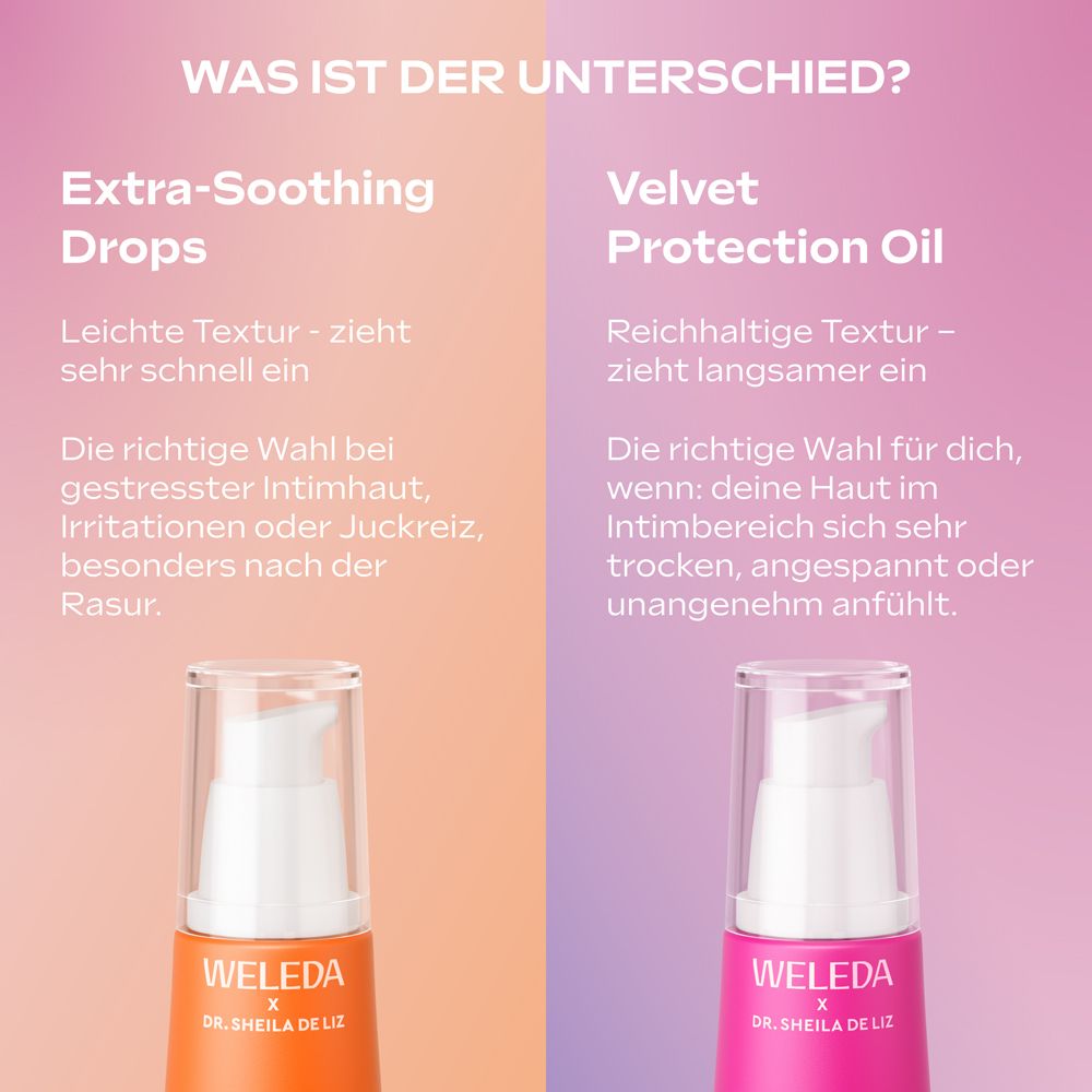 Comparaison de deux produits. Extra-Soothing Drops et Velvet Protection Oil. Texte et flacons.
