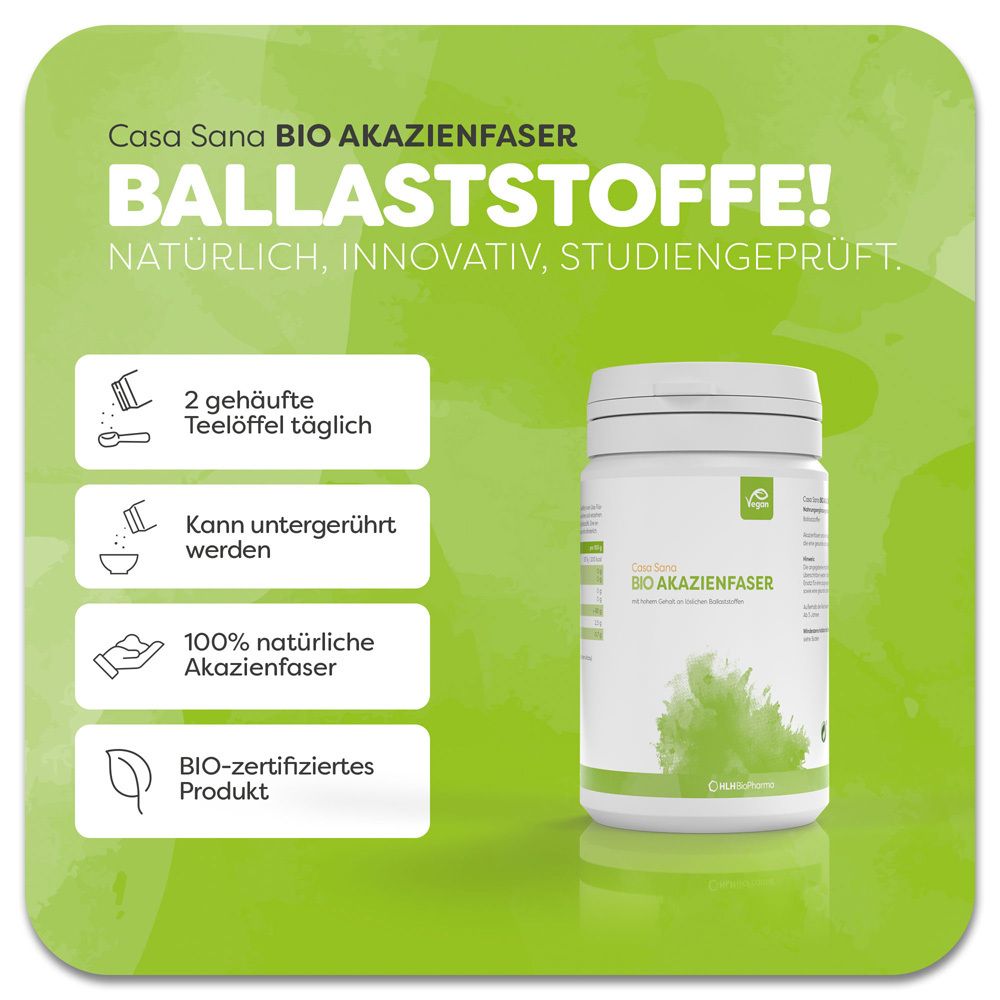 Graphique avec produit et icônes. Texte : Fibres, 2 cuillères à café par jour, peut être mélangé, 100% fibres d'acacia.