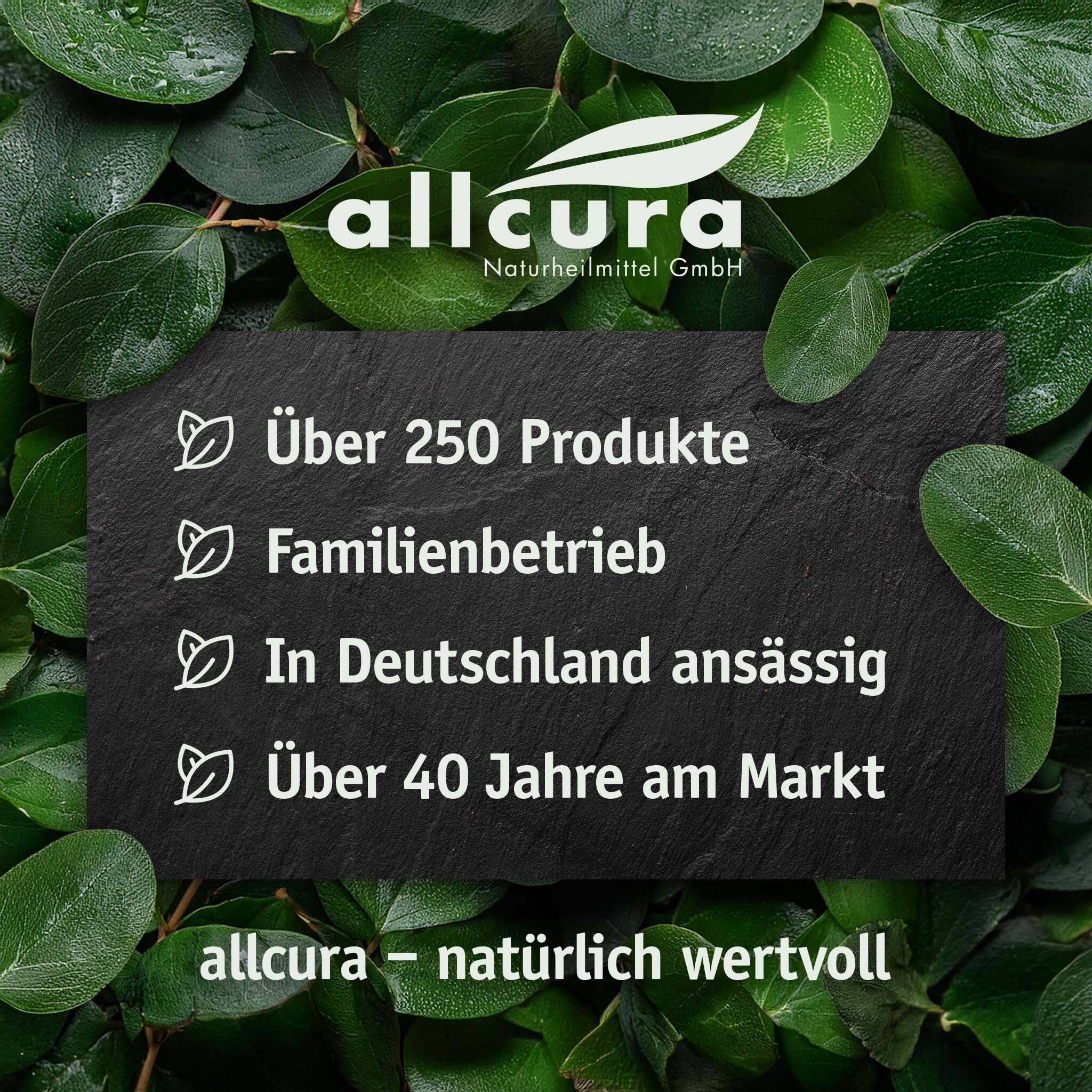 Schwarze Tafel mit weißem Text: Über 250 Produkte, Familienbetrieb, In Deutschland ansässig, Über 40 Jahre am Markt. allcura Logo.