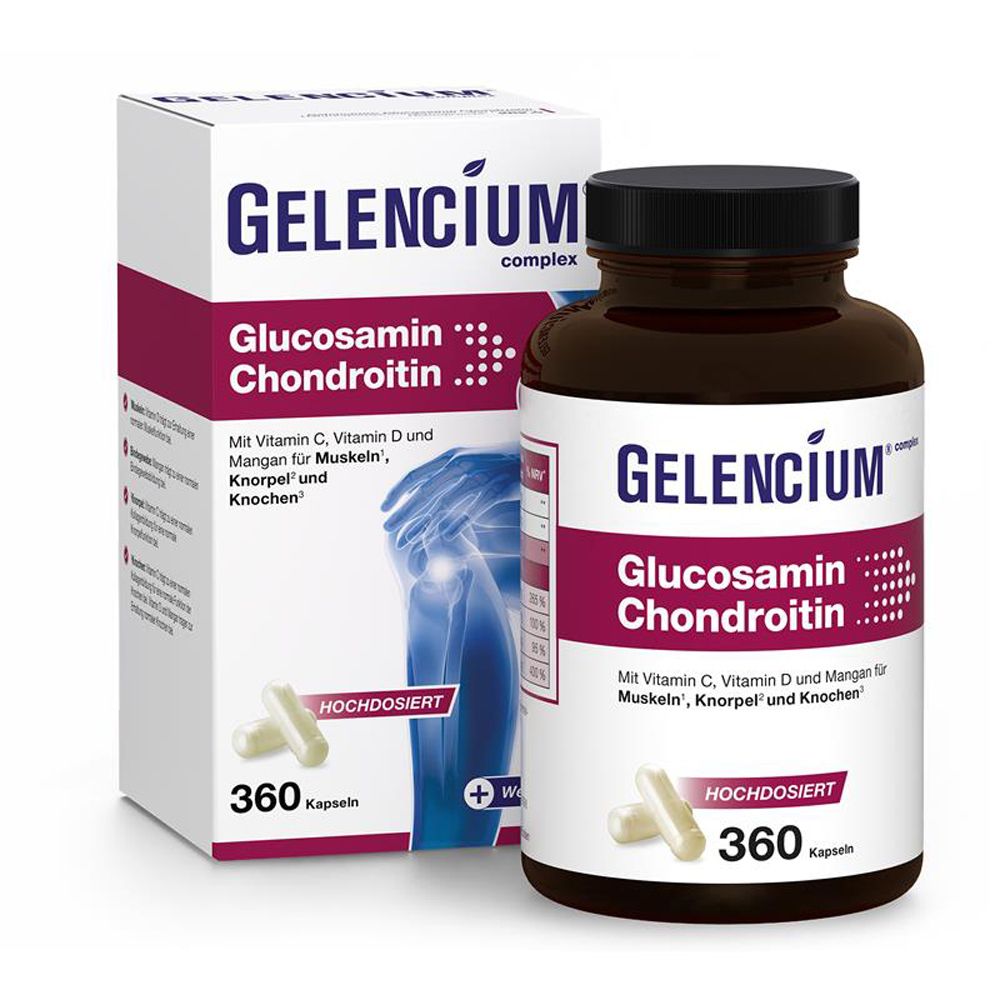 GELENCIUM® Glucosamin Chondroitin, Flasche und Schachtel. Kapseln daneben. Aufschrift: 360 Kapseln.