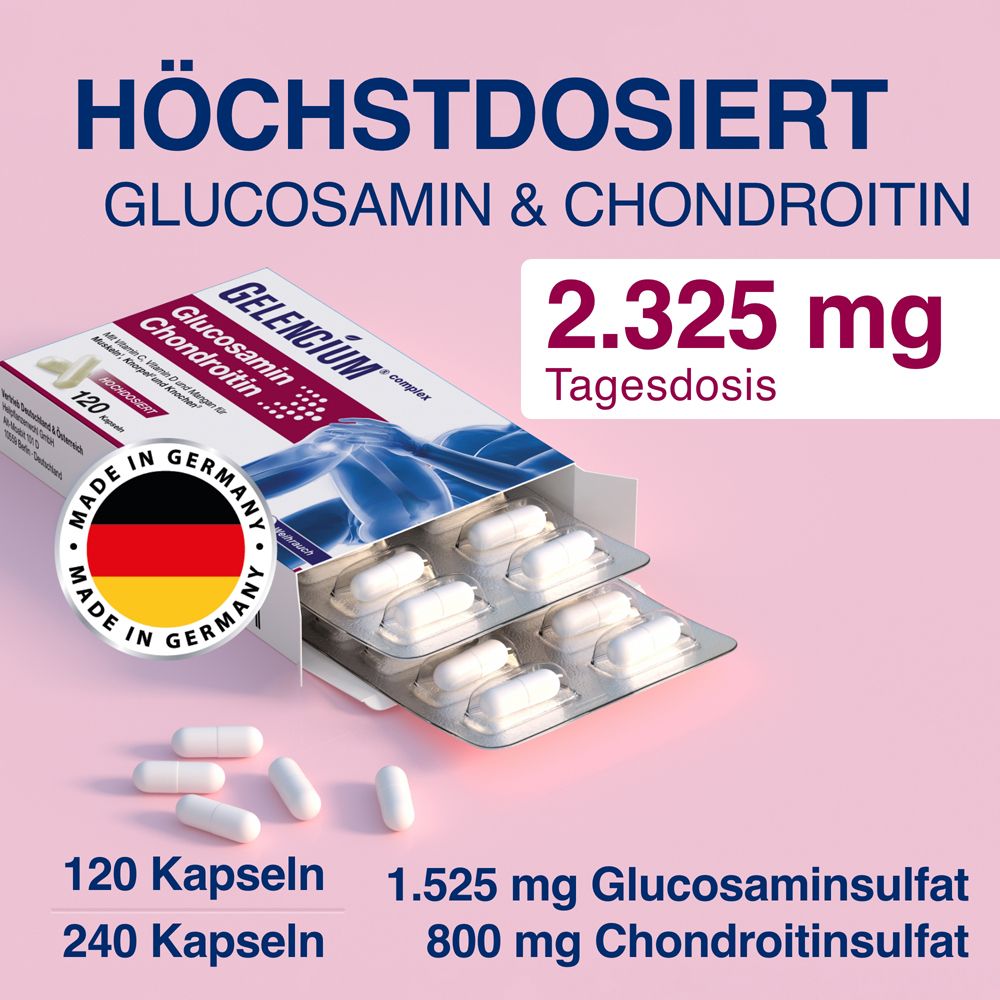 GELENCIUM® Glucosamin & Chondroitin. Packung mit 120 Kapseln. 2.325 mg Tagesdosis. Kapseln in Blister.