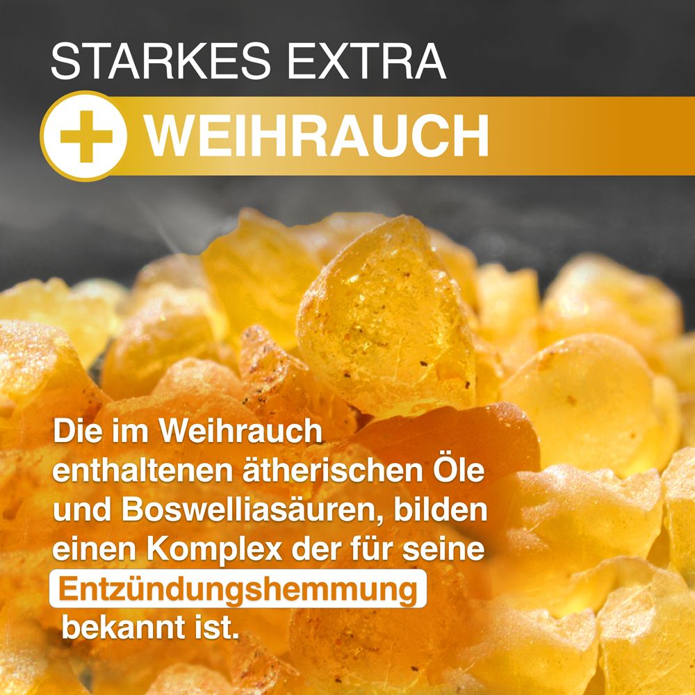 Nahaufnahme von Weihrauchharz. Text: Ätherische Öle und Boswelliasäuren, Entzündungshemmung.