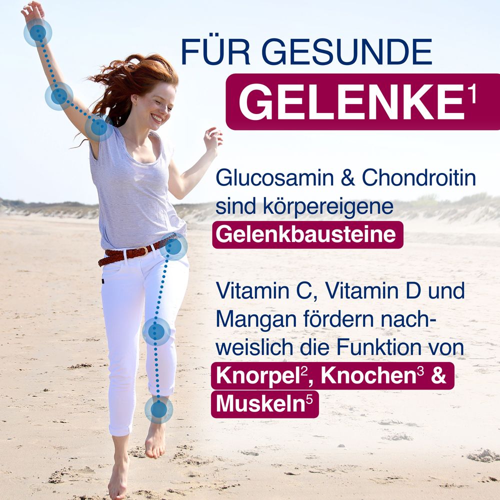 Frau rennt am Strand. Grafik: Gelenkbausteine, Vitamin C, D, Mangan für Knorpel, Knochen, Muskeln.