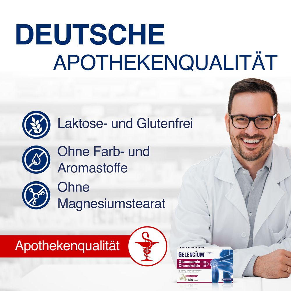 Arzt mit Packung GELENCIUM® Glucosamin Chondroitin. Text: Laktosefrei, ohne Farb- und Aromastoffe.