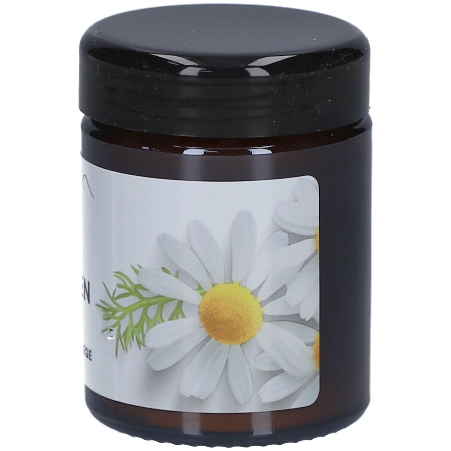 Braune Glasdose mit schwarzem Deckel. Etikett mit Kamillenblüten-Design. Aufschrift: BIO Kamillen Creme.