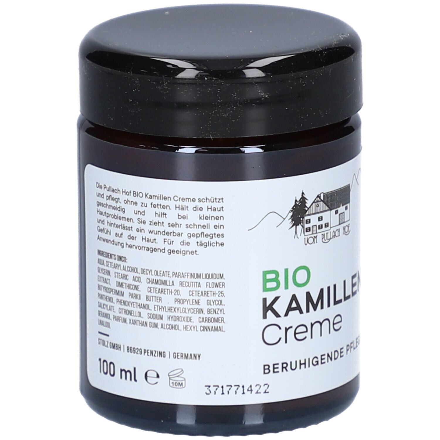 Braune Glasdose mit schwarzem Deckel. Etikett mit Produktinformationen und Aufschrift: BIO Kamillen Creme. 100 ml.