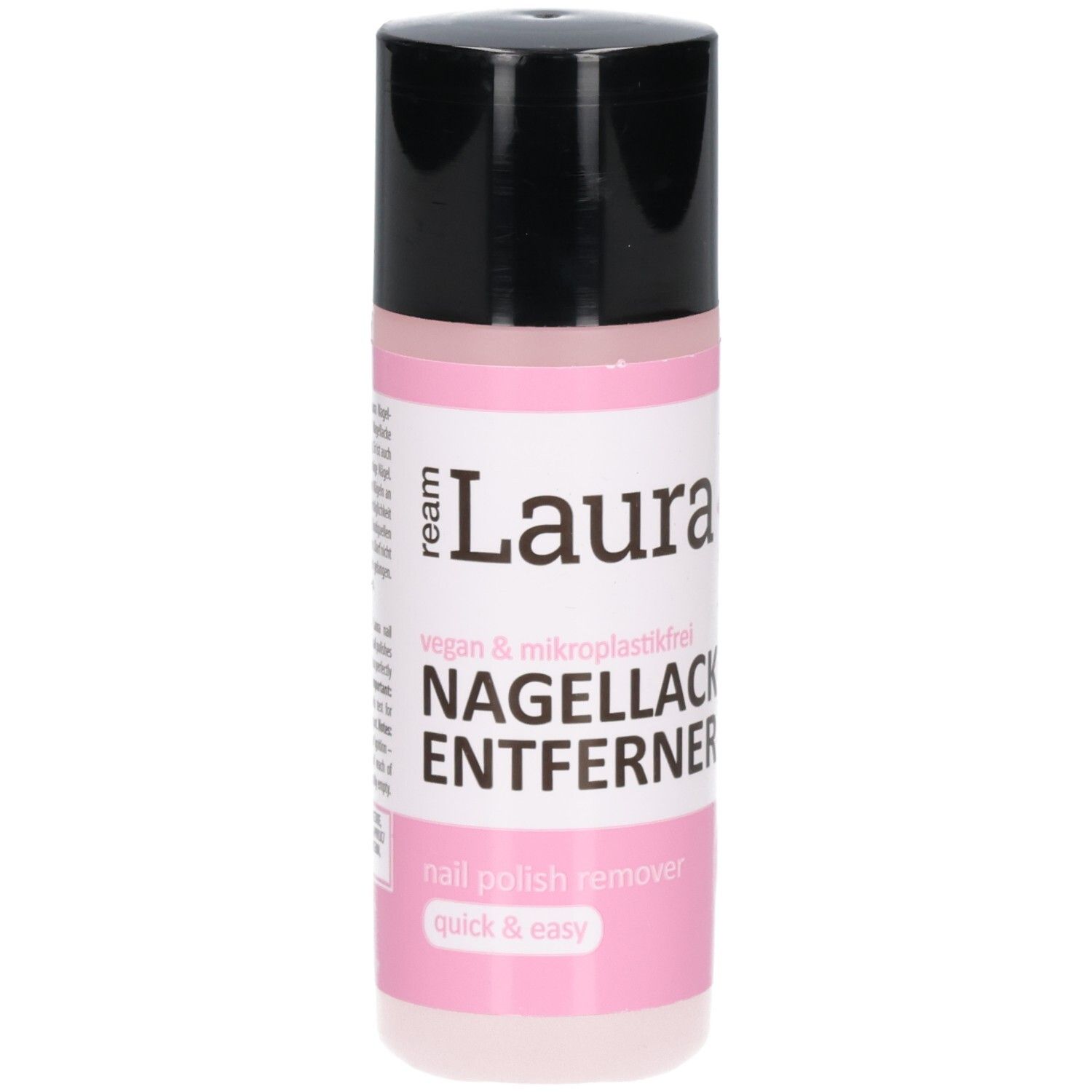 Flacon rose avec bouchon noir. Inscription: Ream Laura dissolvant sans acétone. Vegan & sans microplastiques.