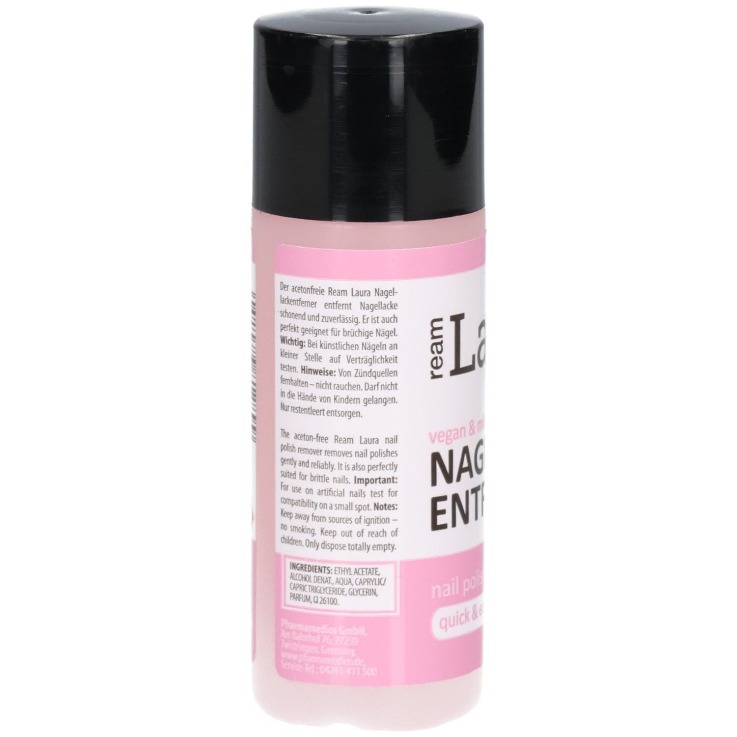 Flacon rose avec bouchon noir. Texte au dos. Ream Laura dissolvant sans acétone. Vegan & sans microplastiques.