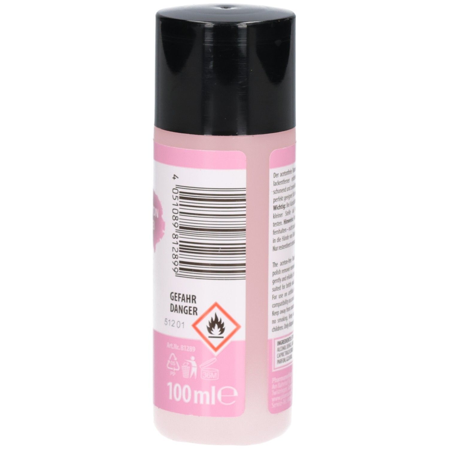Flacon rose avec bouchon noir. Dos avec avertissements et code-barres. Ream Laura dissolvant sans acétone.