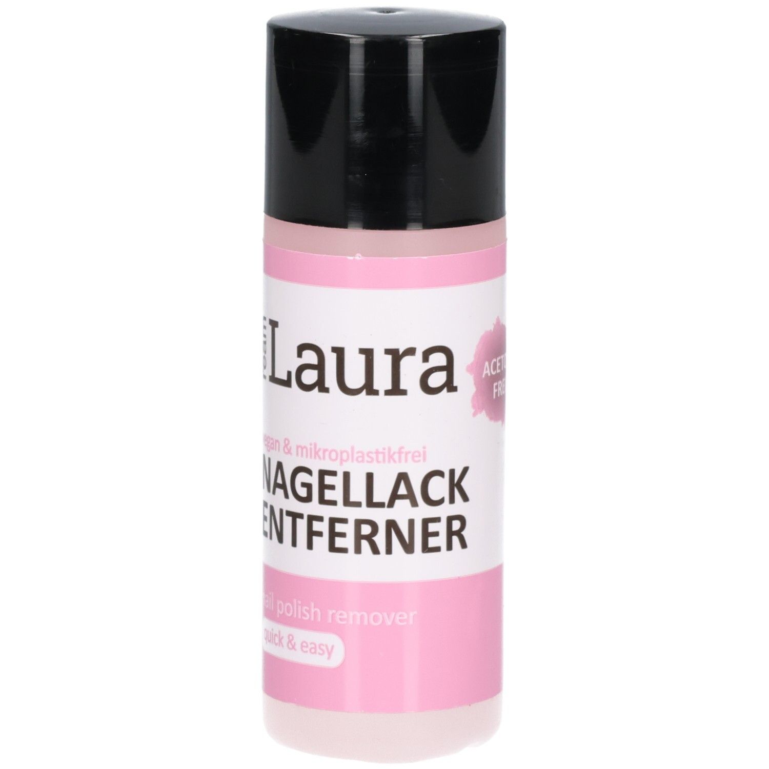 Flacon rose avec bouchon noir. Inscription: Ream Laura dissolvant sans acétone. Vegan & sans microplastiques. Sans acétone.