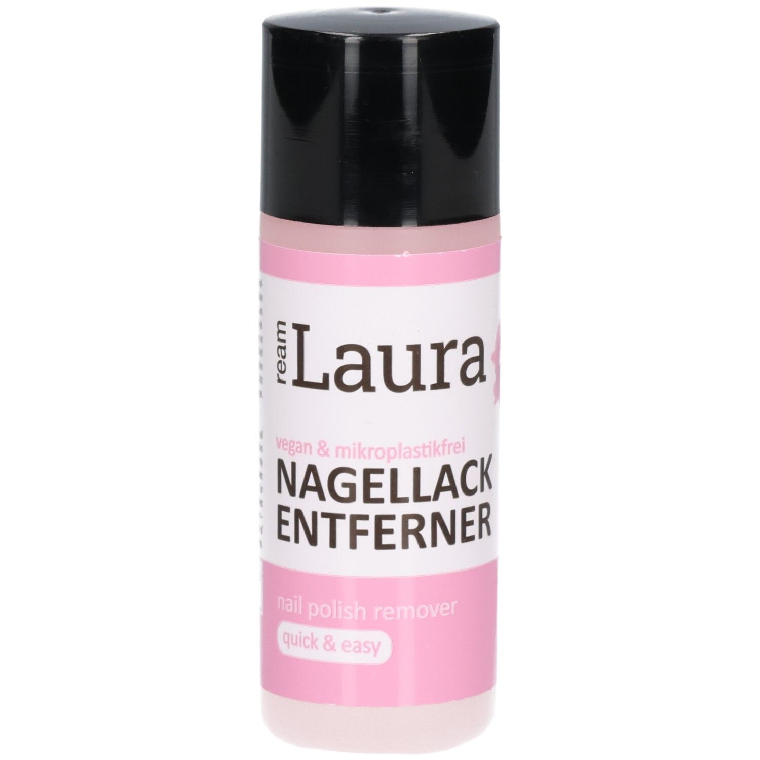 Flacon rose avec bouchon noir. Inscription: Ream Laura dissolvant sans acétone. Vegan & sans microplastiques.