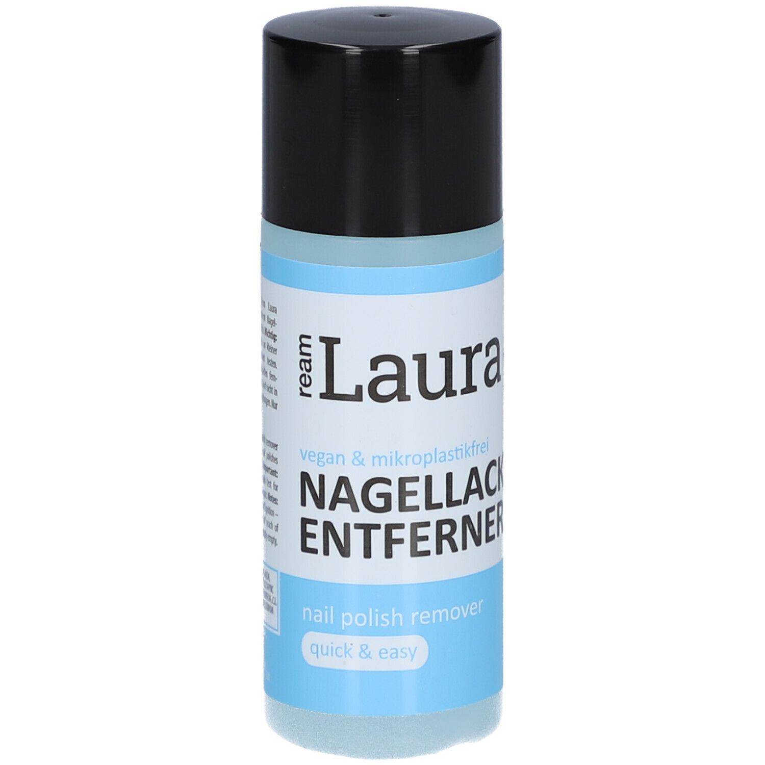 Flacon cylindrique avec bouchon noir. Inscription : ream Laura dissolvant pour vernis à ongles. Vegan & sans microplastiques.