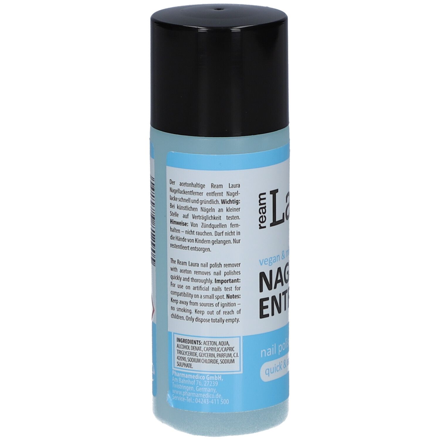 Dos du flacon. Texte : ream Laura dissolvant pour vernis à ongles. Ingrédients, avertissements et mode d'emploi.