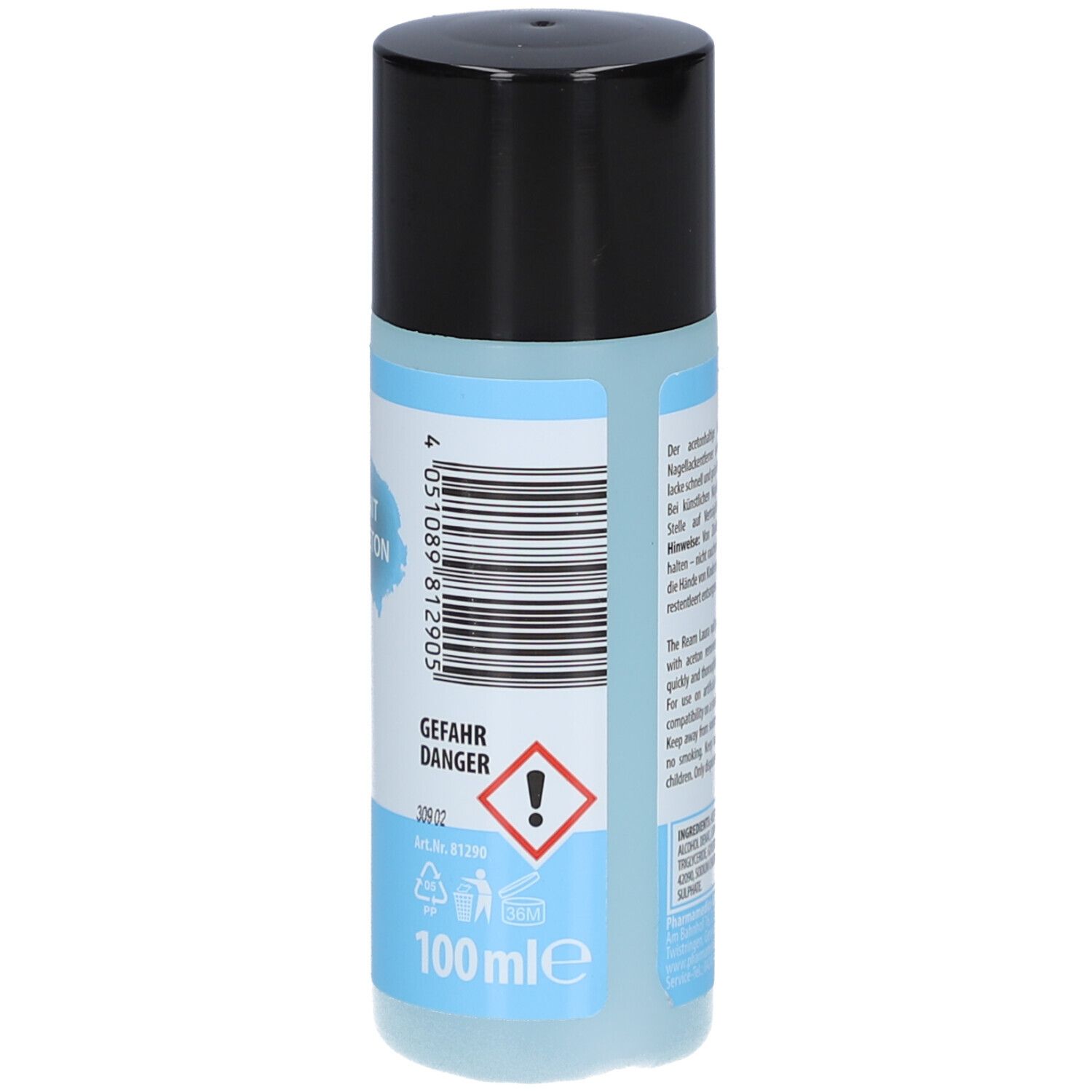 Dos du flacon. Code-barres, symbole de danger, indication de volume : 100 ml. Texte : ream Laura dissolvant.