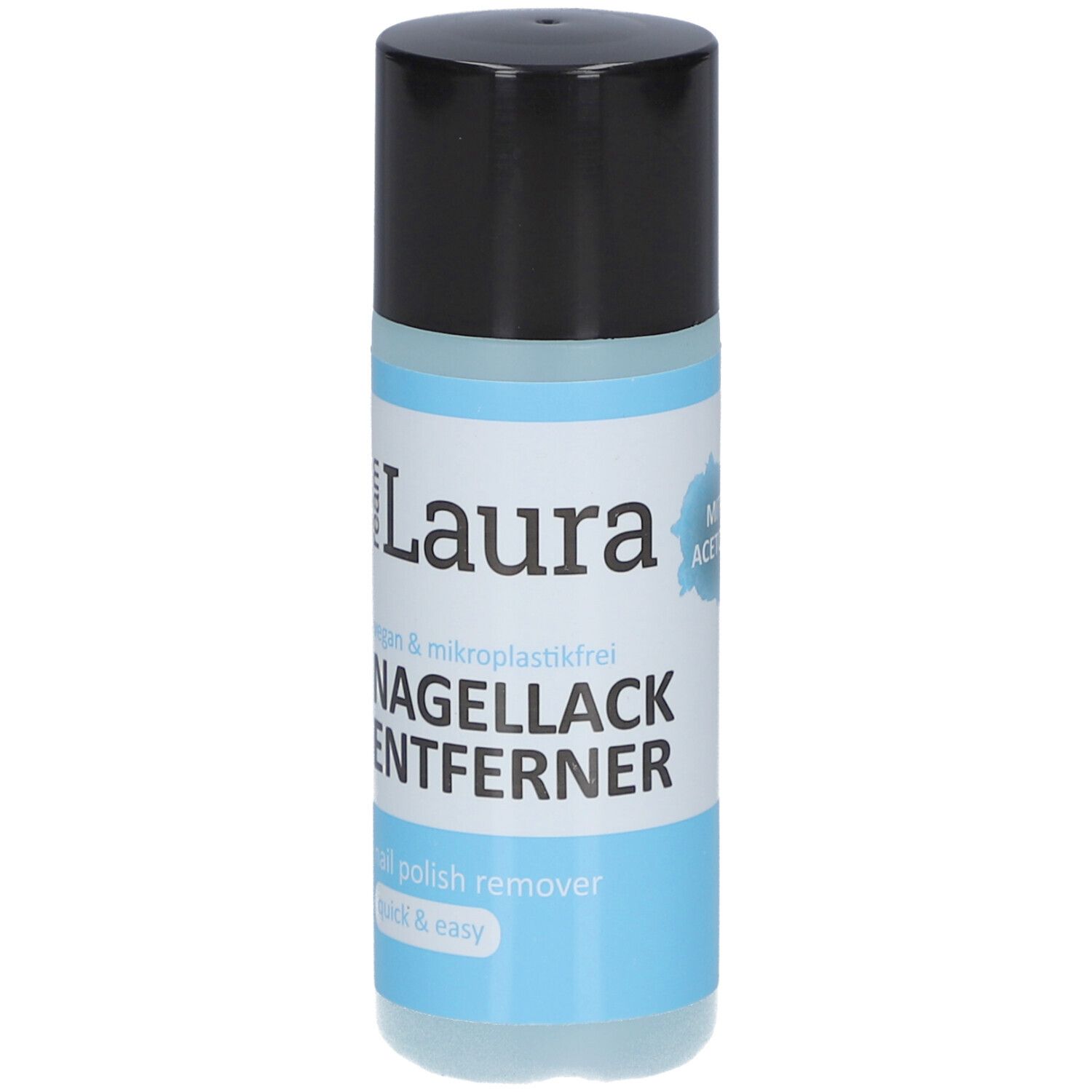 Flacon cylindrique avec bouchon noir. Inscription : ream Laura dissolvant pour vernis à ongles. Avec acétone.