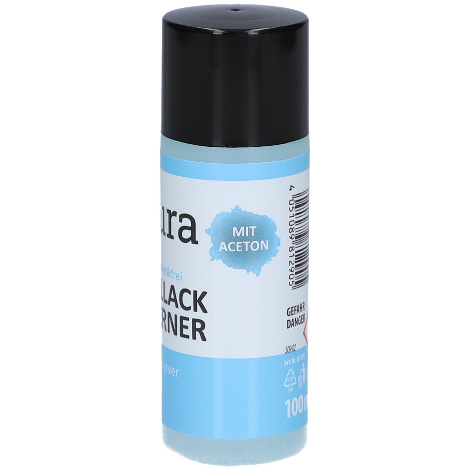 Dos du flacon. Code-barres, symbole de danger, indication de volume : 100 ml. Texte : ream Laura. Avec acétone.