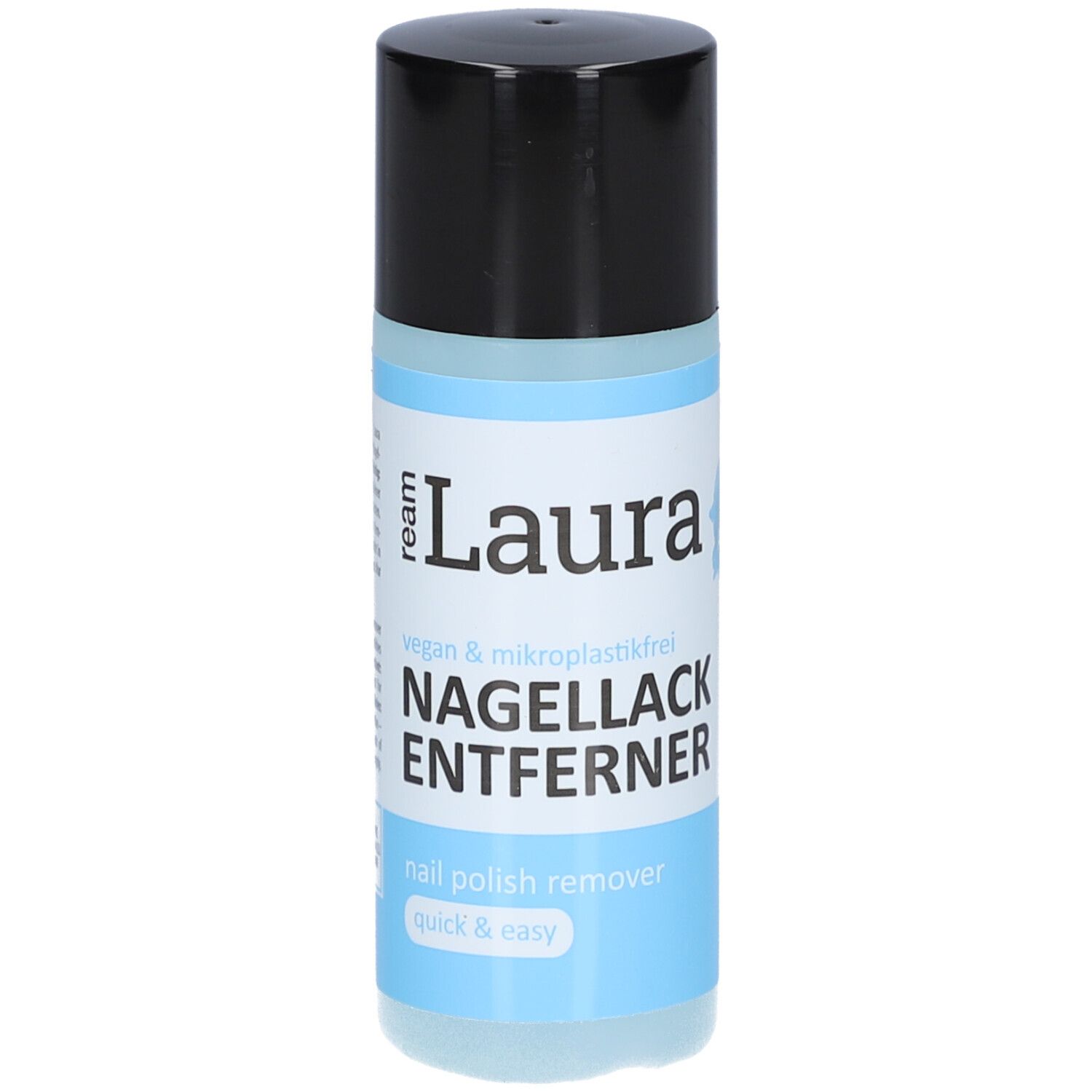 Flacon cylindrique avec bouchon noir. Inscription : ream Laura dissolvant pour vernis à ongles. Vegan & sans microplastiques.
