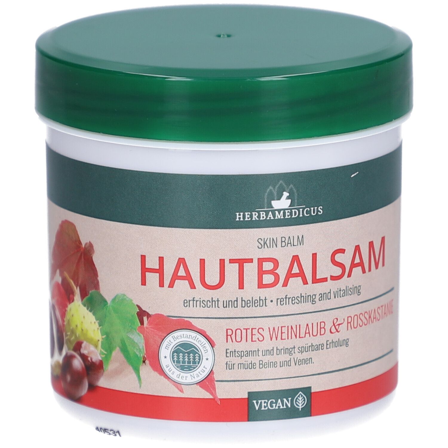 Pot de baume pour la peau avec couvercle vert. Inscription : Hautbalsam, Rotes Weinlaub & Rosskastanie. Label végan.