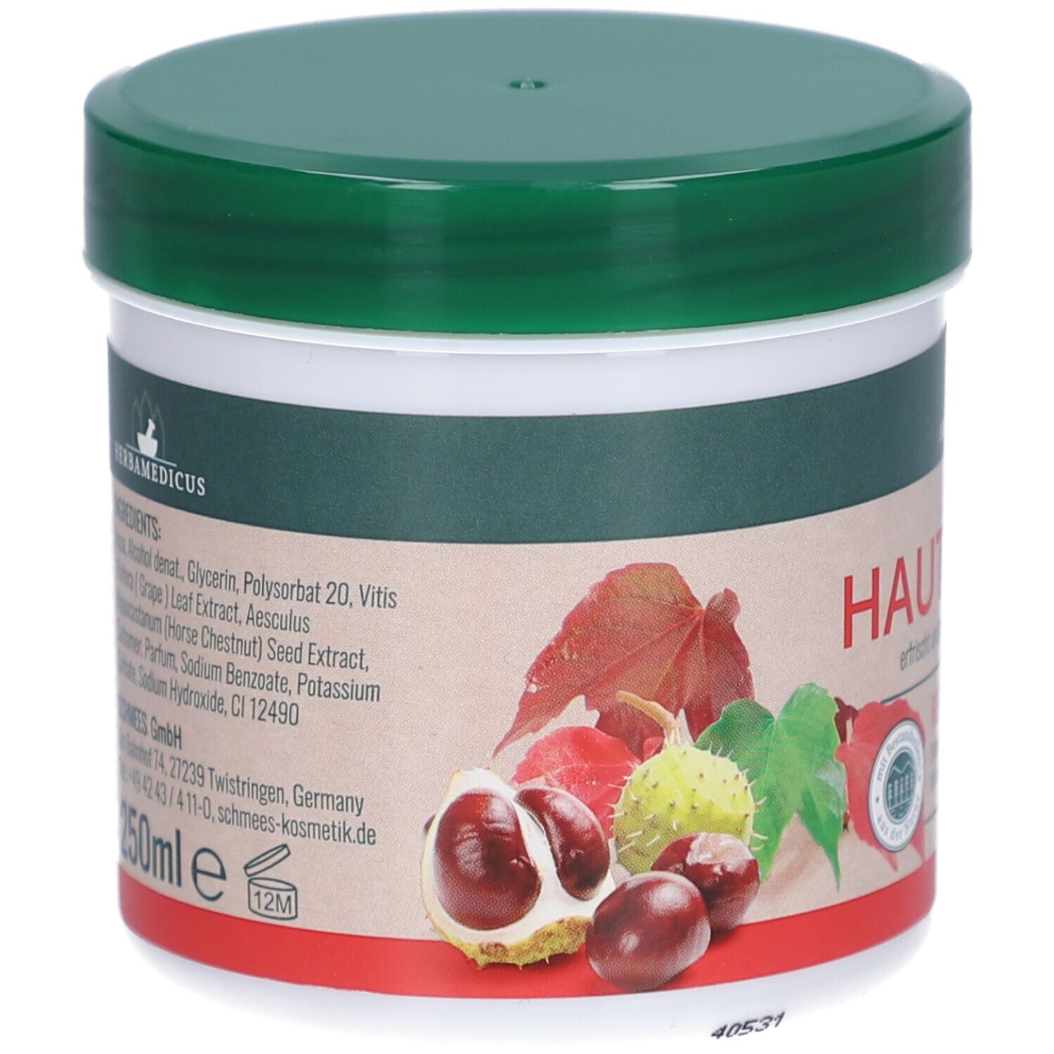 Dos du pot de baume pour la peau. Liste des ingrédients et informations du fabricant. Inscription : 250ml.