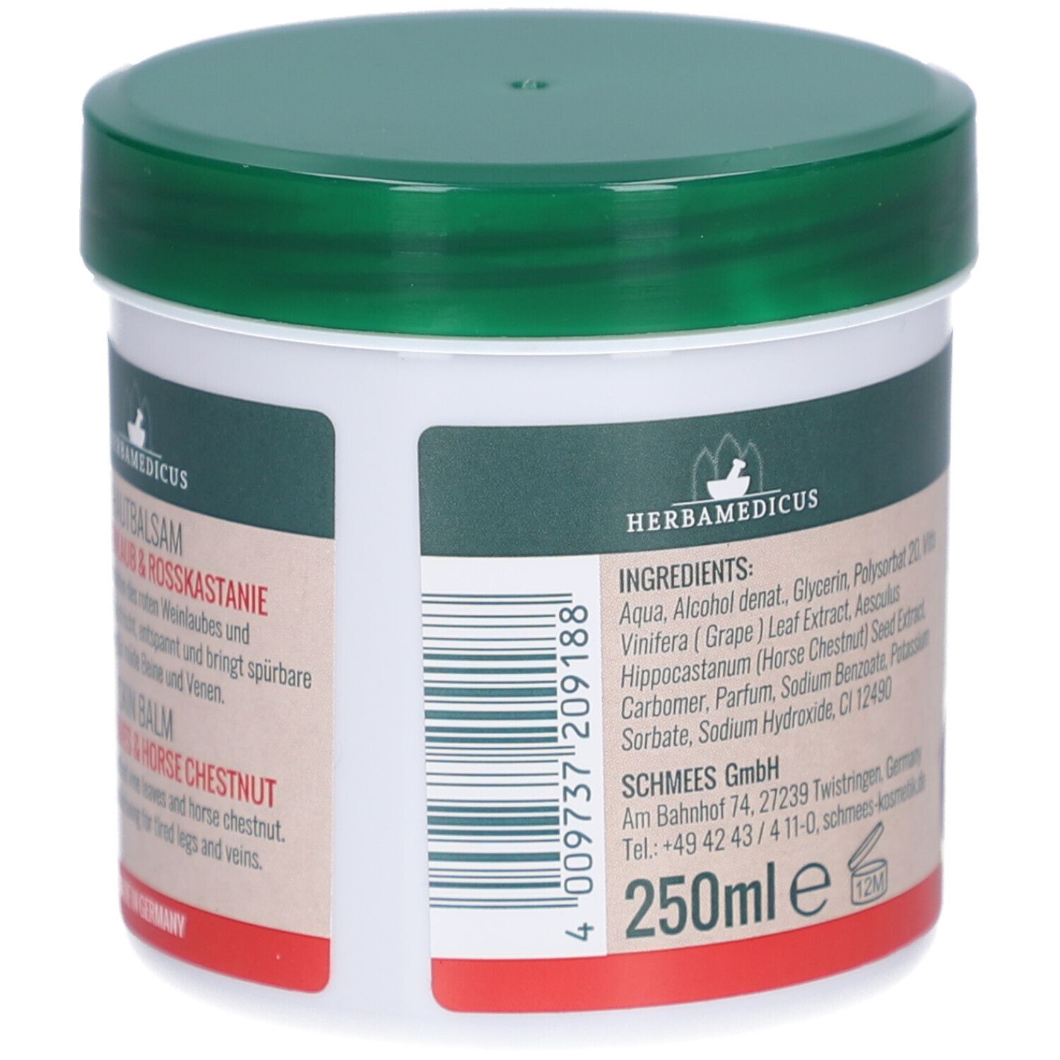 Dos du pot de baume pour la peau. Inscription : Hautbalsam, Rotes Weinlaub & Rosskastanie. Informations du fabricant.
