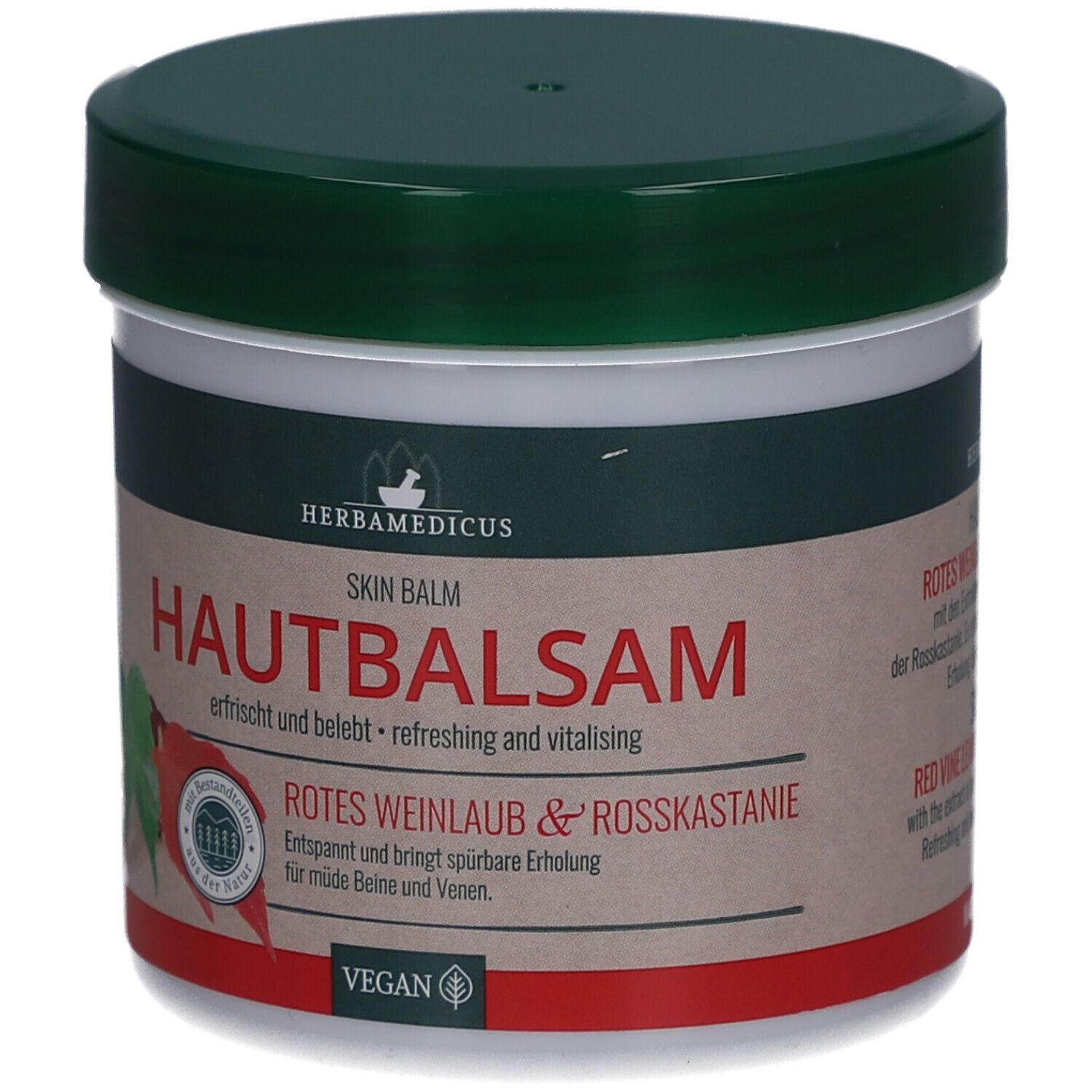 Pot de baume pour la peau avec couvercle vert. Inscription : Hautbalsam, Rotes Weinlaub & Rosskastanie. Label végan.