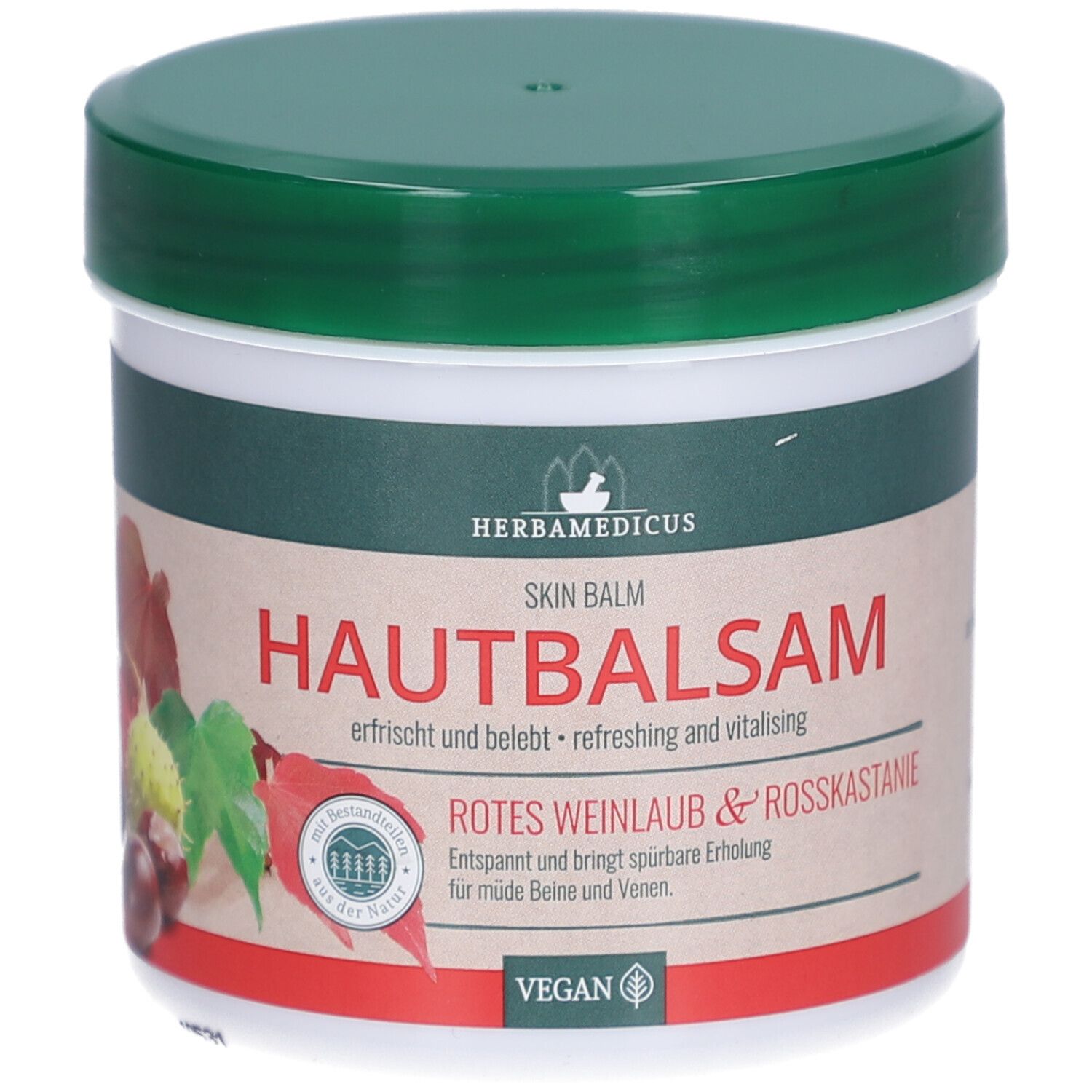 Pot de baume pour la peau avec couvercle vert. Inscription : Hautbalsam, Rotes Weinlaub & Rosskastanie. Label végan.