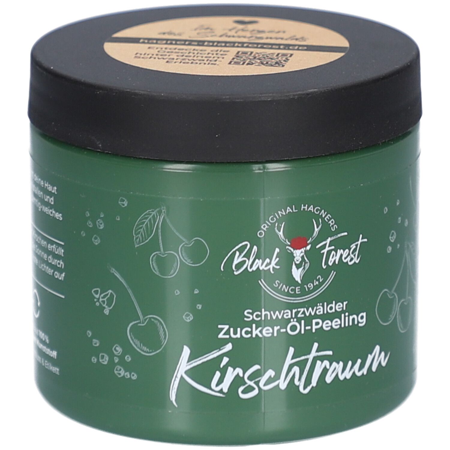 Pot vert avec couvercle noir. Inscription: Original Hagners Black Forest, Schwarzwälder Zucker-Öl-Peeling Kirschtraum. Illustrations de cerises.