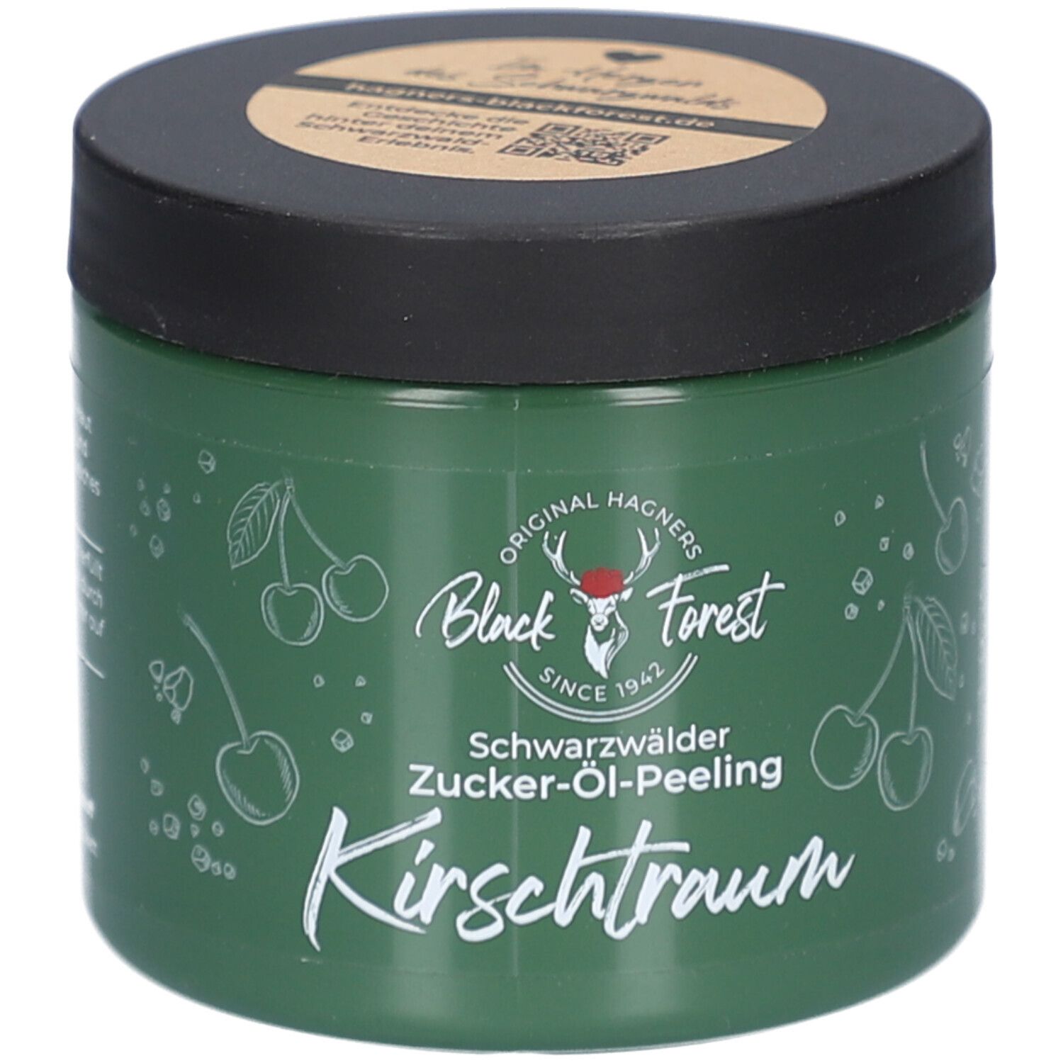 Pot vert avec couvercle noir. Inscription: Original Hagners Black Forest, Schwarzwälder Zucker-Öl-Peeling Kirschtraum. Illustrations de cerises.