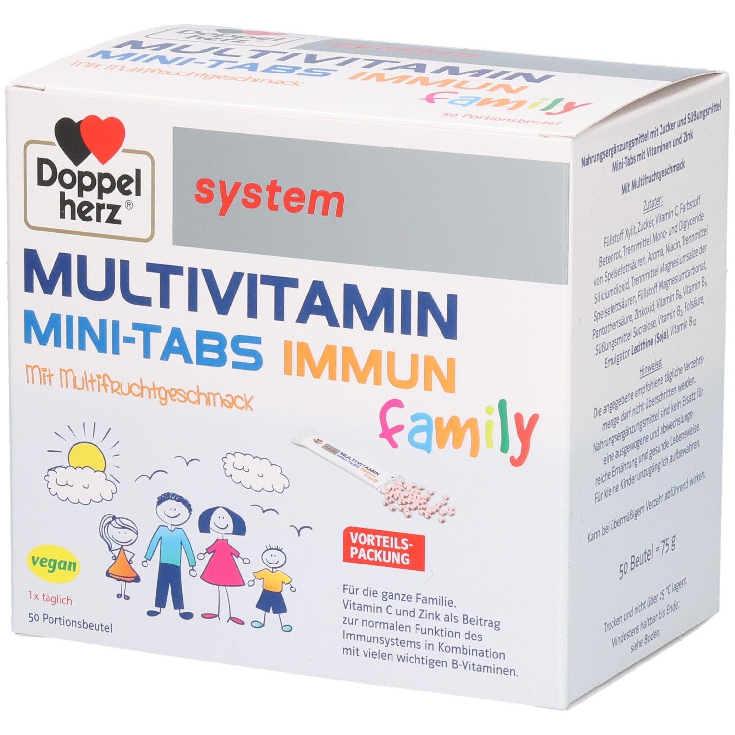 Schachtel mit Multivitamin Mini-Tabs. Aufschrift: Doppelherz, Multivitamin Mini-Tabs Immun Family. Illustration einer Familie.