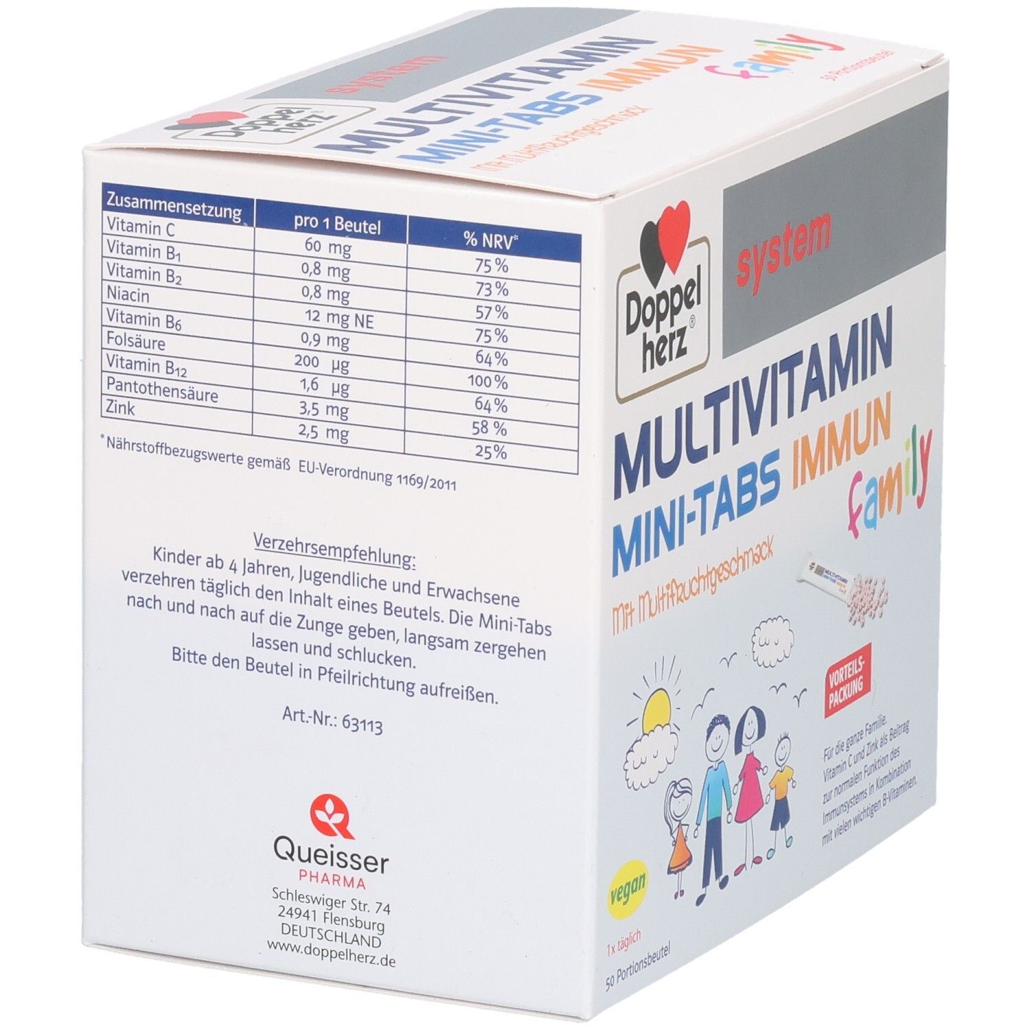 Schachtel mit Multivitamin Mini-Tabs. Aufschrift: Doppelherz, Multivitamin Mini-Tabs Immun Family. Nährwerttabelle und Verzehrempfehlung.