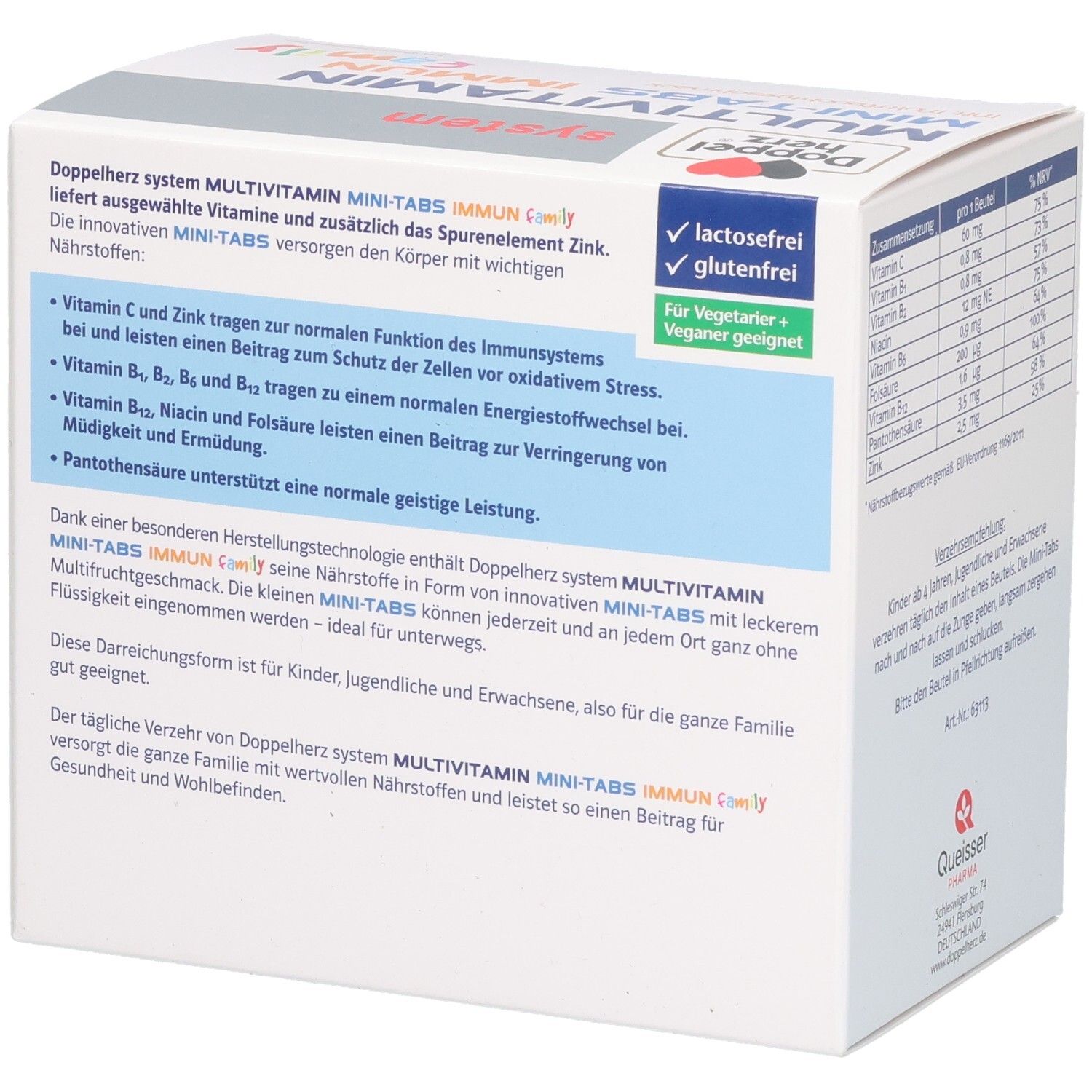 Rückseite der Schachtel mit Multivitamin Mini-Tabs. Aufschrift: Doppelherz, Multivitamin Mini-Tabs Immun Family. Text über Inhaltsstoffe.