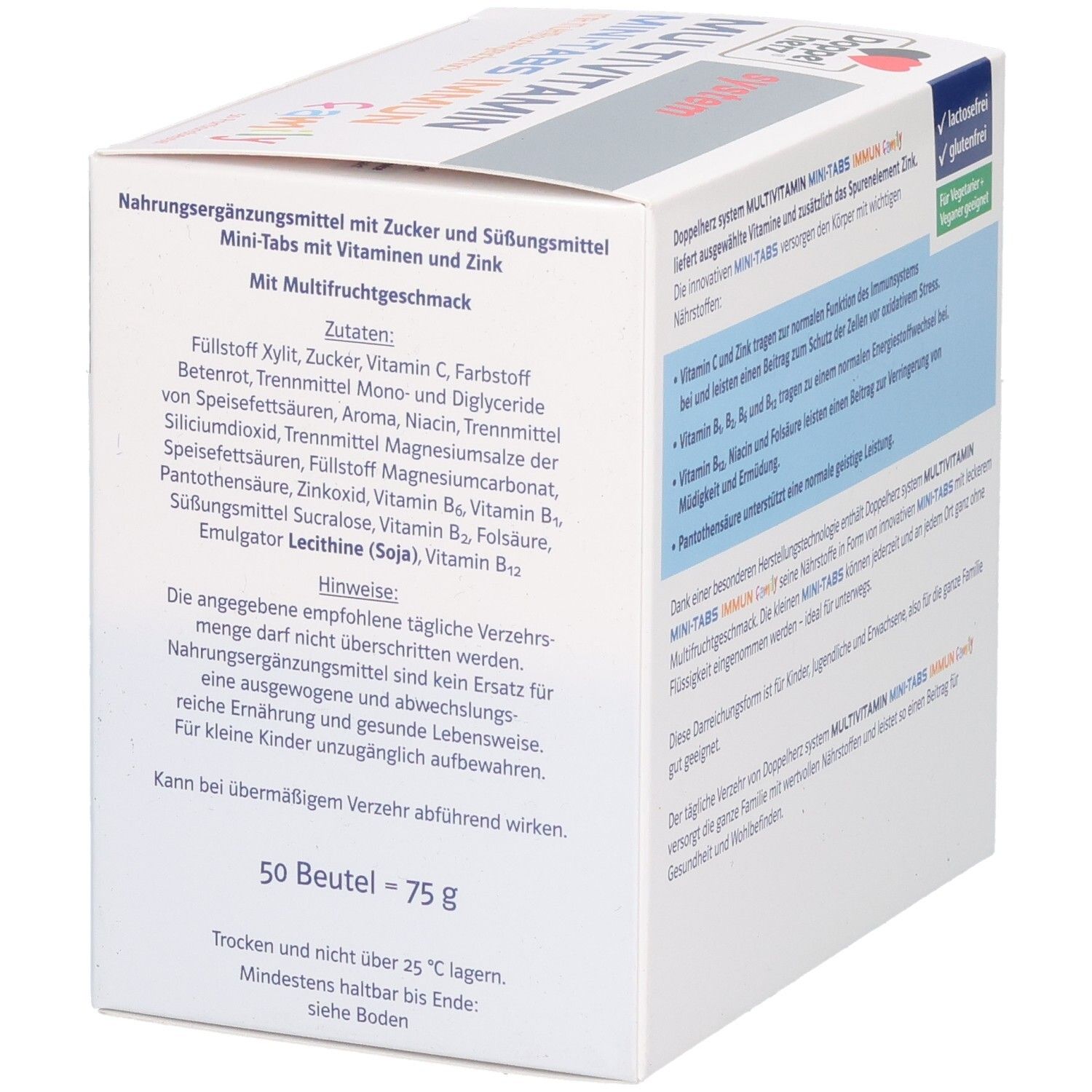 Schachtel mit Multivitamin Mini-Tabs. Aufschrift: Doppelherz, Multivitamin Mini-Tabs Immun Family. Zutatenliste und Hinweise.
