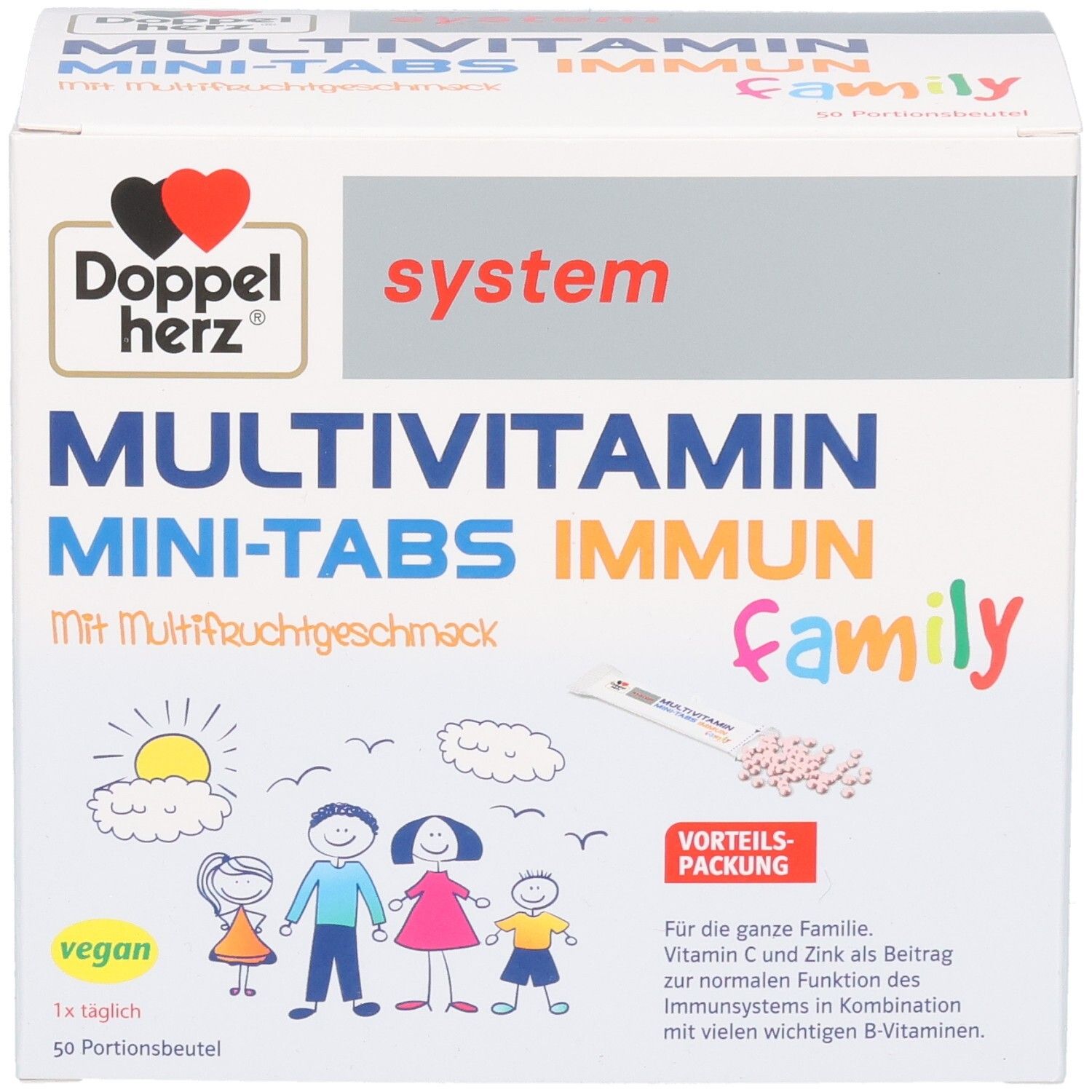 Schachtel mit Multivitamin Mini-Tabs. Aufschrift: Doppelherz, Multivitamin Mini-Tabs Immun Family. Illustration einer Familie und Tabletten.