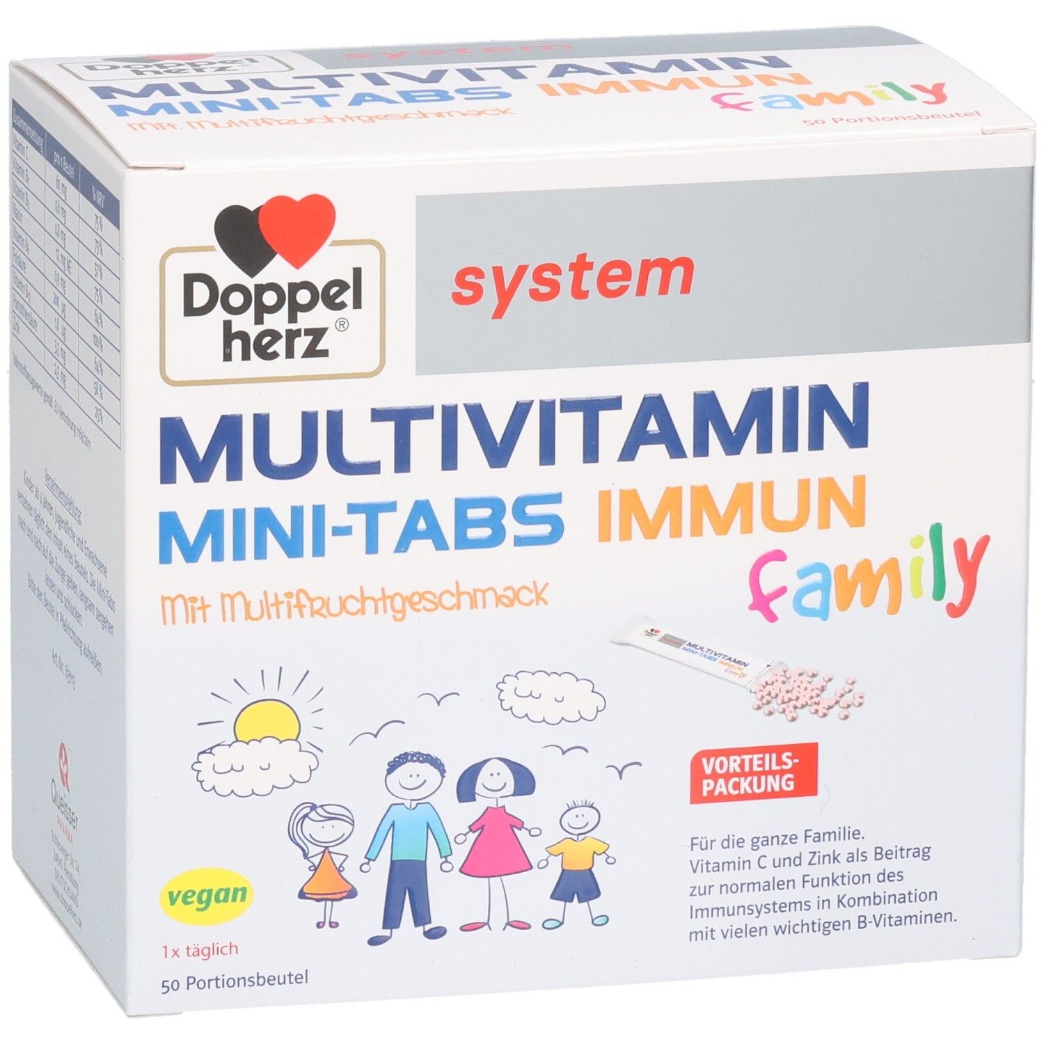 Schachtel mit Multivitamin Mini-Tabs. Aufschrift: Doppelherz, Multivitamin Mini-Tabs Immun Family. Illustration einer Familie und Tabletten.