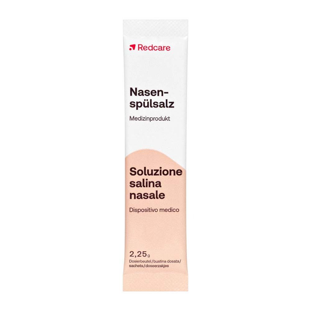 Verpackung von Redcare Nasenspülsalz. Aufschrift: Nasenspülsalz, Medizinprodukt. Soluzione salina nasale, dispositivo medico. 2,25g.