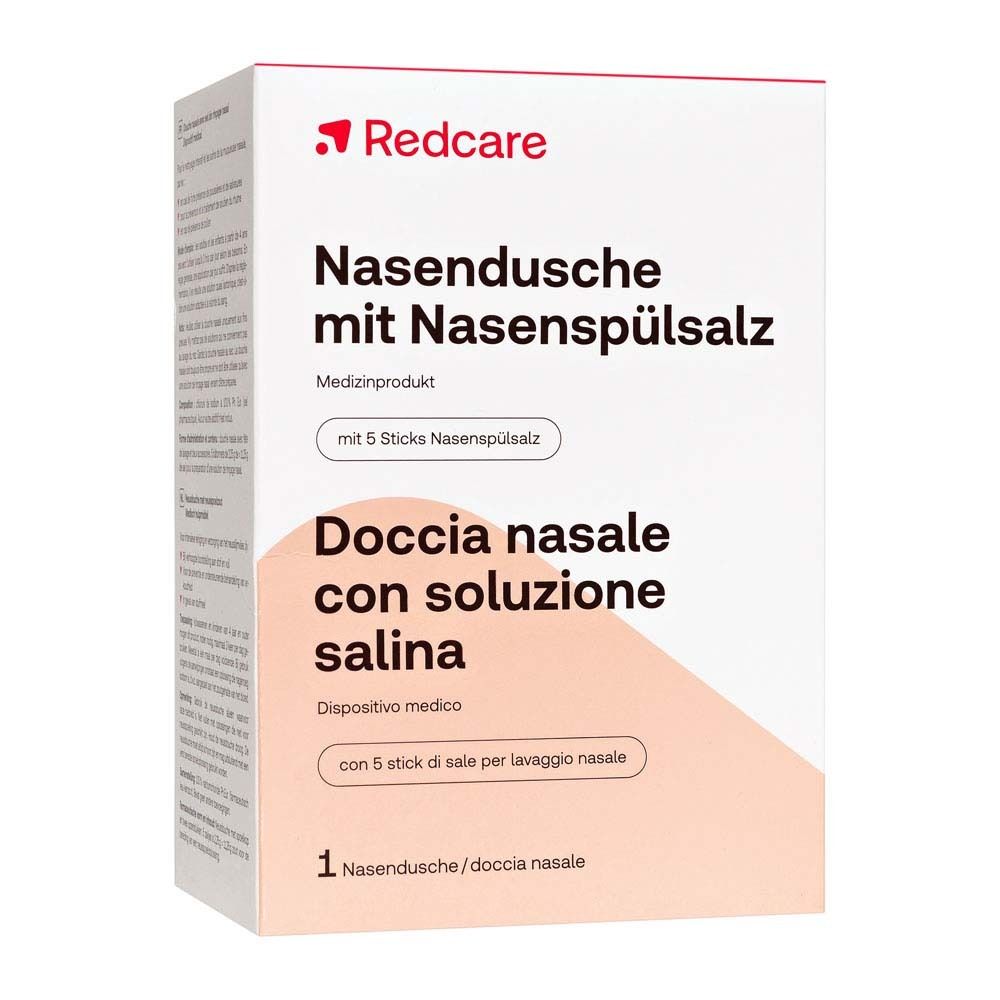 Verpackung von Redcare Nasendusche mit Nasenspülsalz. Enthält Nasendusche und 5 Sticks Nasenspülsalz. Aufschrift: Doccia nasale con soluzione salina.