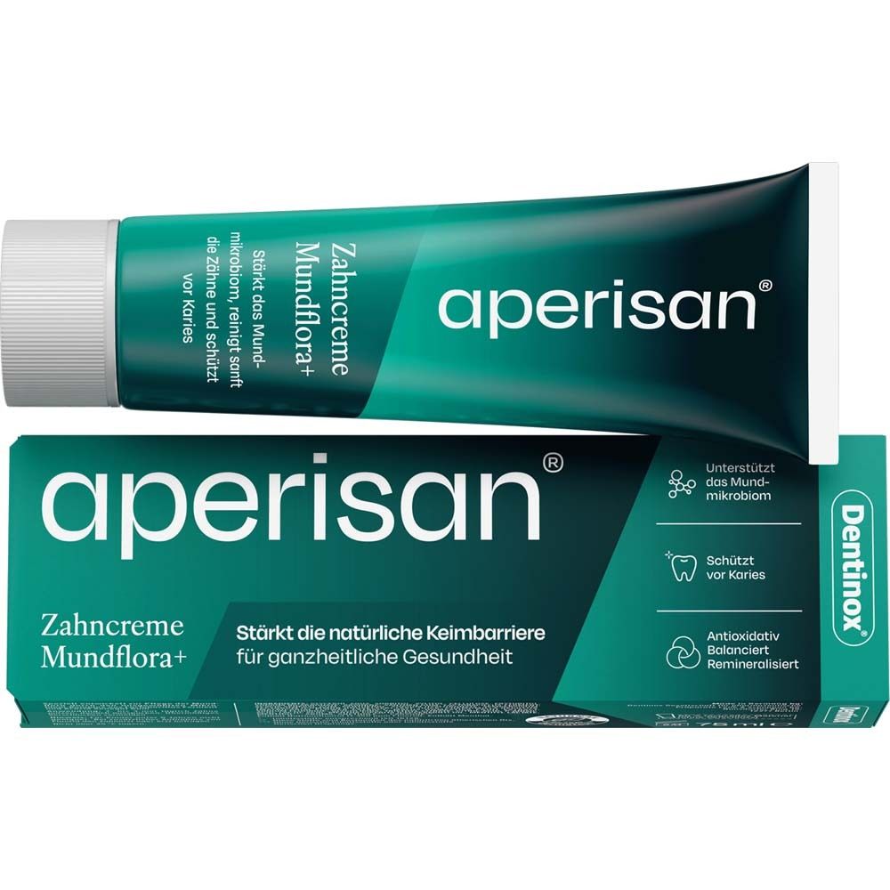 Tube et boîte de dentifrice aperisan® Mundflora+. Vert et blanc. Texte : aperisan®, Zahncreme Mundflora+.