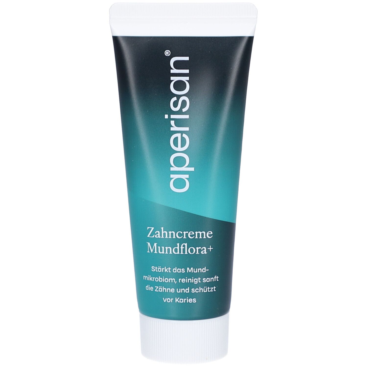 Zahncreme-Tube mit grün-blauer Farbgebung. Aufschrift: aperisan® Zahncreme Mundflora+. Weißer Verschluss.