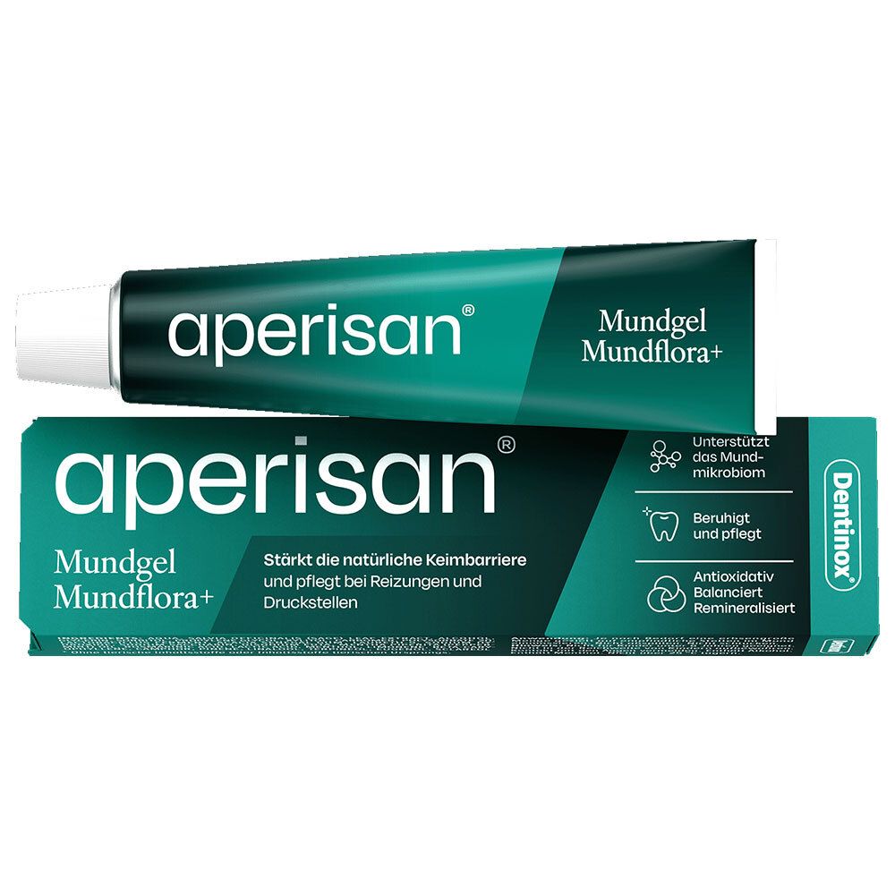 Tube et boîte aperisan® Mundgel Mundflora+. Vert et blanc. Texte : aperisan®, Mundgel Mundflora+. Logo Dentinox.