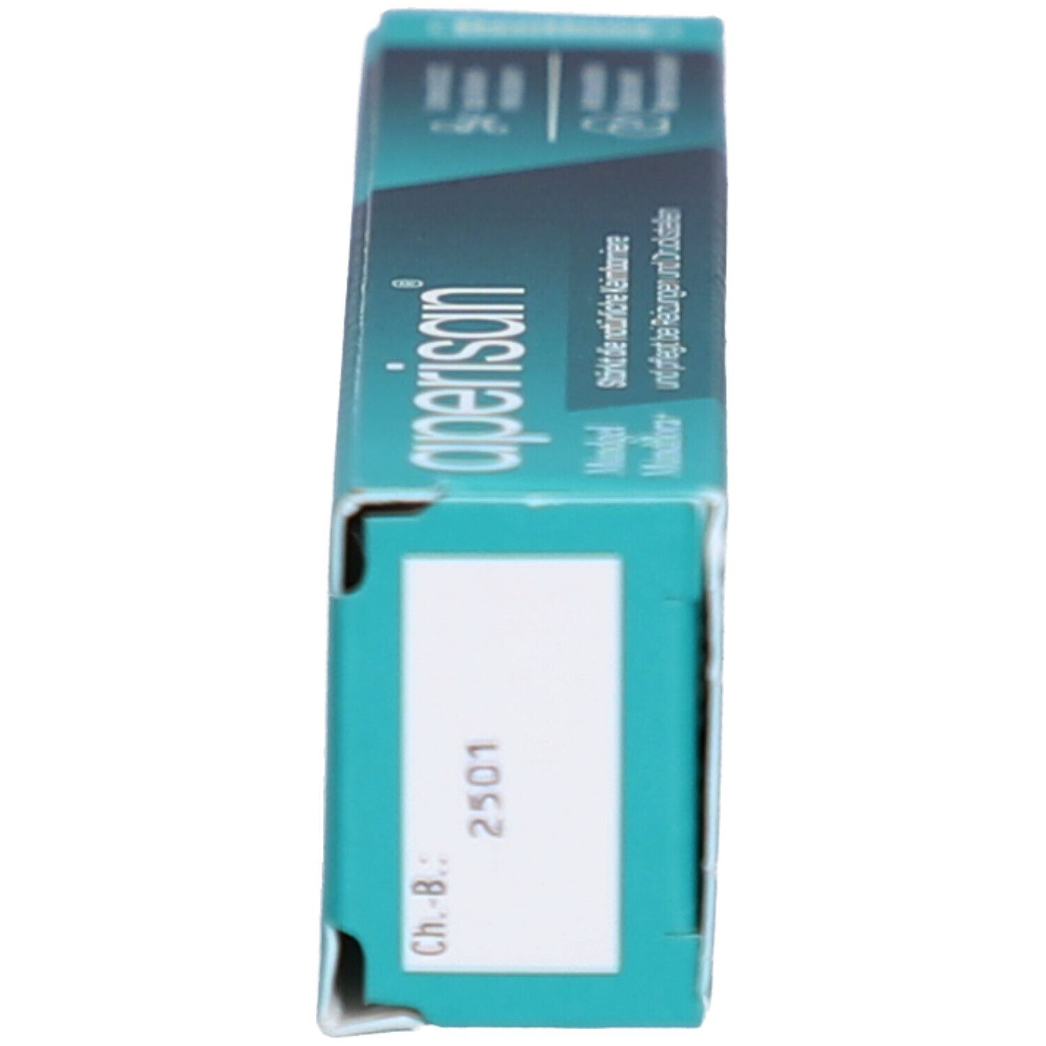 Seitenansicht der Verpackung. Aufschrift: aperisan, Mundgel Mundflora+. Text: Stärkt die natürliche Keimbarriere. Farbgebung: Grün, Weiß.