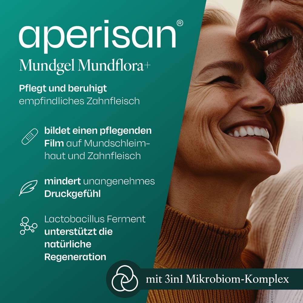Publicité avec texte et personnes souriantes. Texte : aperisan®, Mundgel Mundflora+. Soigne et apaise les gencives sensibles.