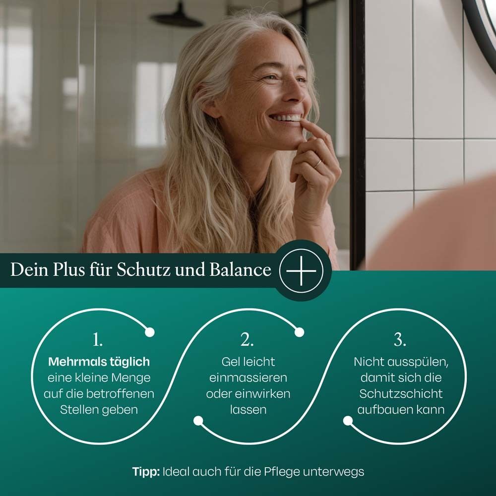 Instructions avec texte et symboles. Texte : Votre plus pour la protection et l'équilibre. 3 étapes d'utilisation.