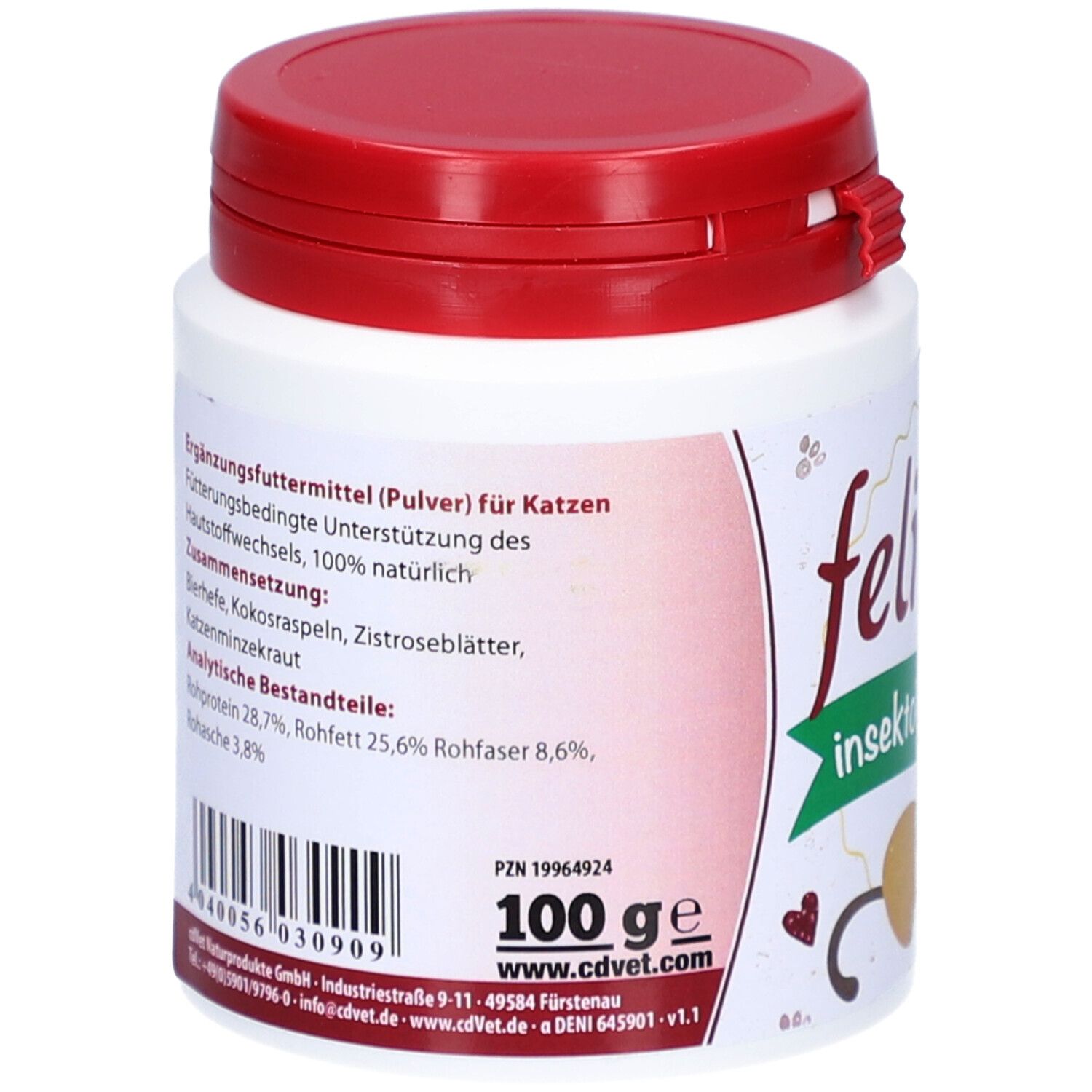 Boîte blanche avec couvercle rouge. Texte au dos: Complément alimentaire (poudre) pour chats. 100 g. PZN 19964924.