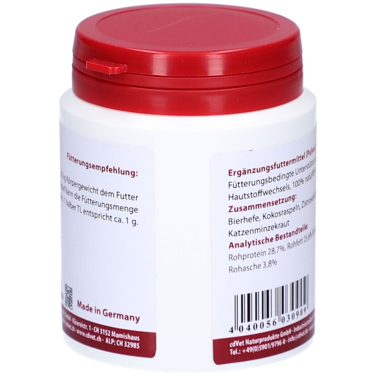 Boîte blanche avec couvercle rouge. Texte au dos: Recommandations d'alimentation. Fabriqué en Allemagne.