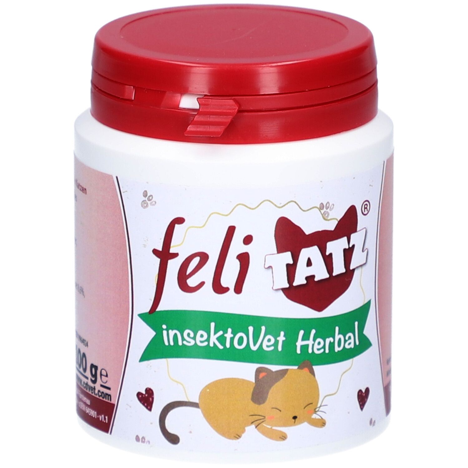 Boîte blanche avec couvercle rouge. Inscription: feli TATZ, insektoVet Herbal. Illustration d'un chat. 100 g.