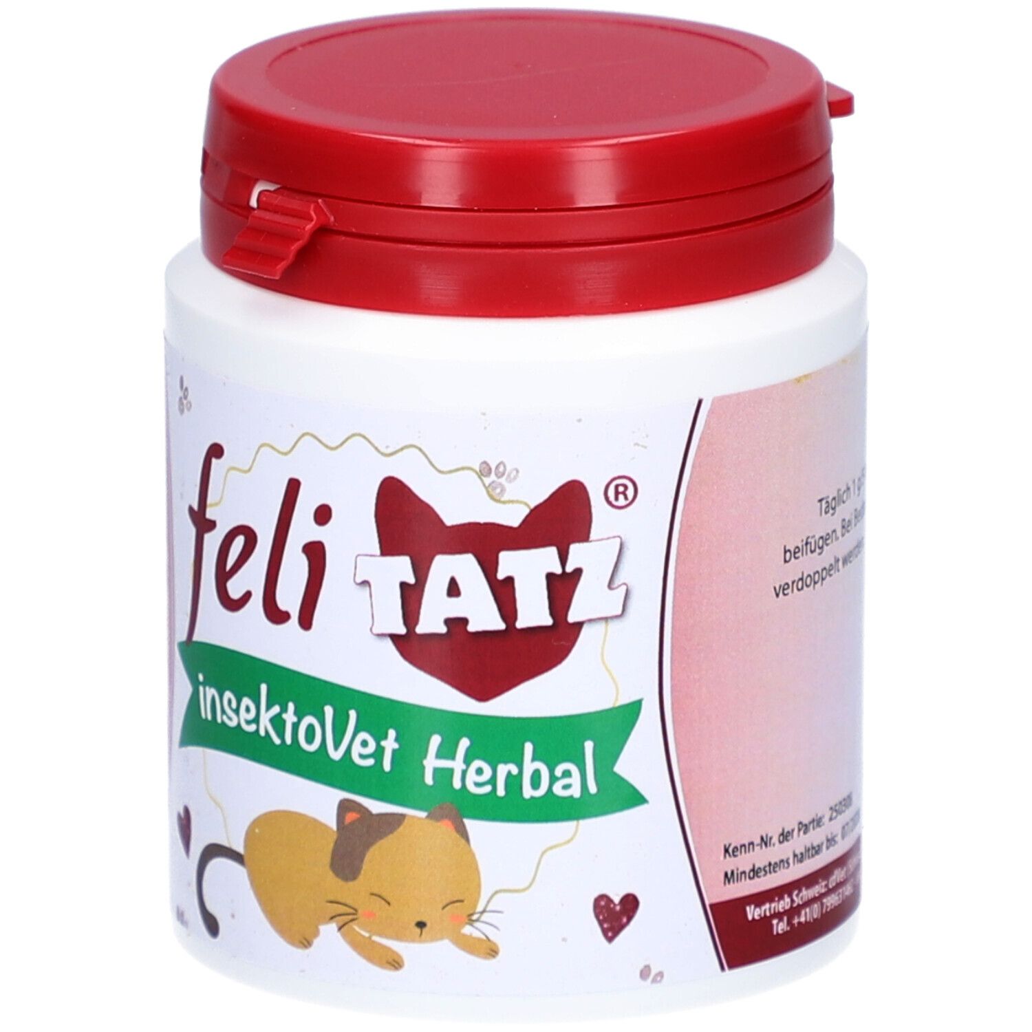 Boîte blanche avec couvercle rouge. Inscription: feli TATZ, insektoVet Herbal. Illustration d'un chat. 100 g.