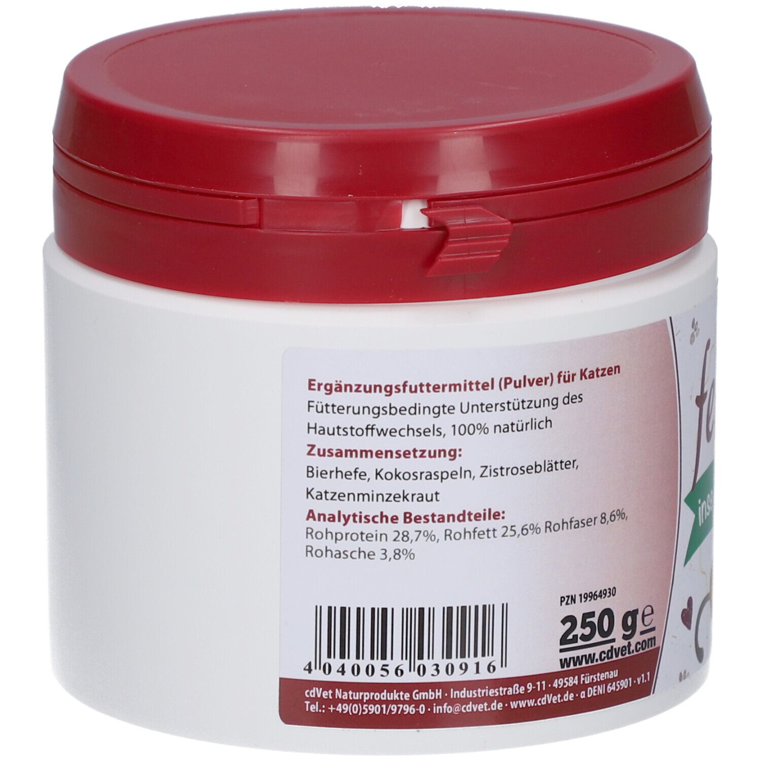 Dos de la boîte blanche avec couvercle rouge. Texte sur l'aliment complémentaire pour chats et ingrédients.