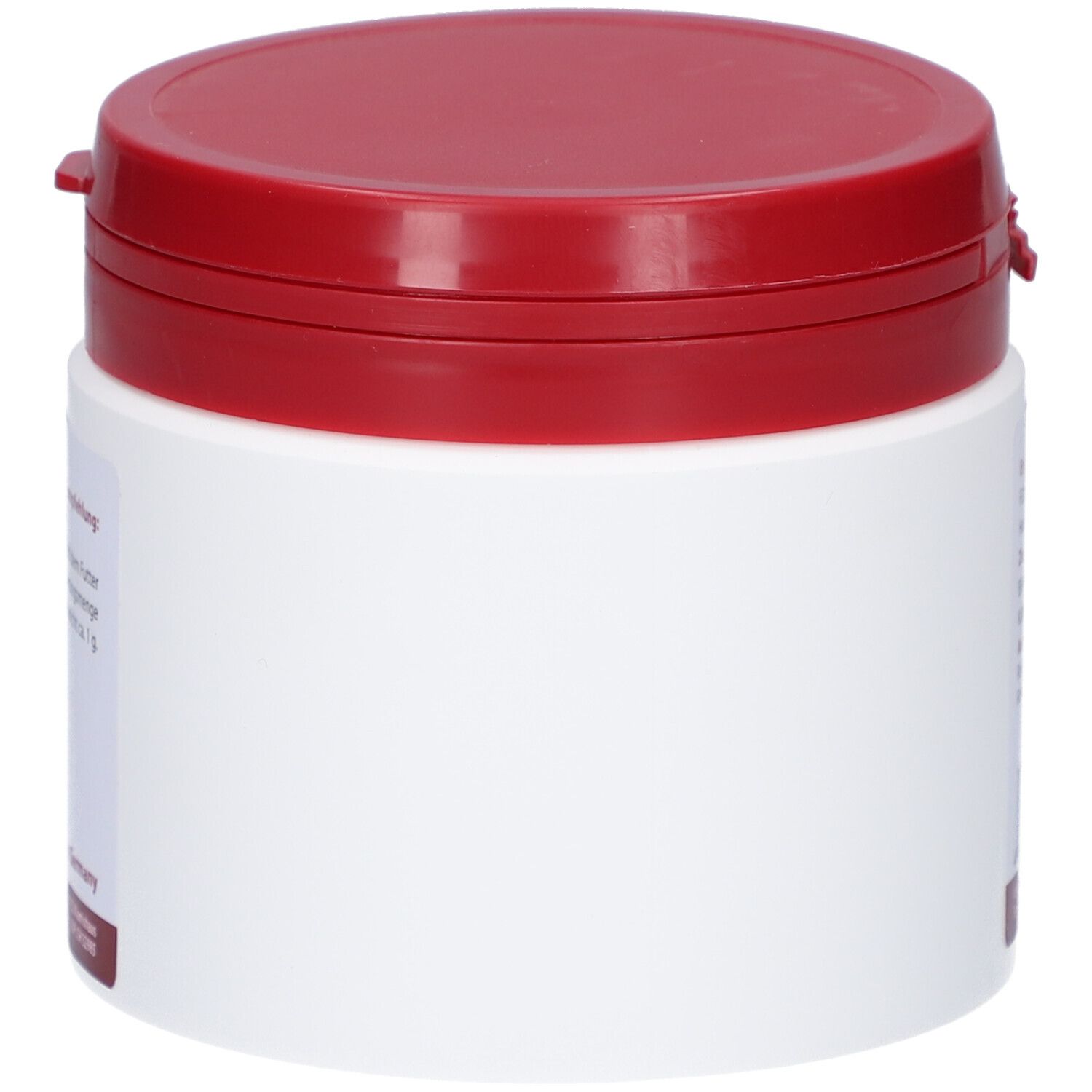 Boîte blanche avec couvercle rouge. Vue latérale. Aucune inscription visible.