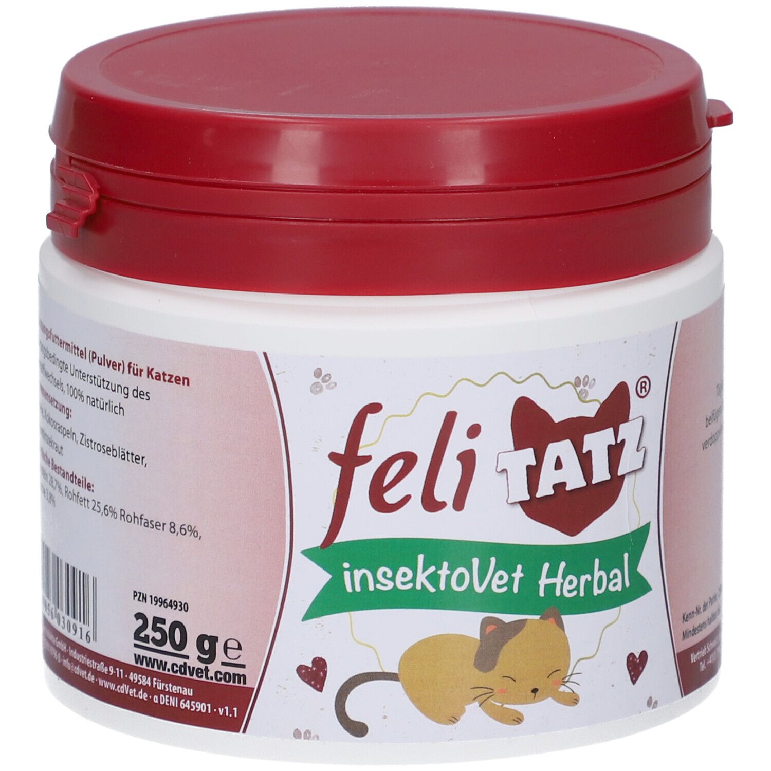 Boîte blanche avec couvercle rouge. Inscription : feli TATZ insektoVet Herbal. 250g. Illustration d'un chat.