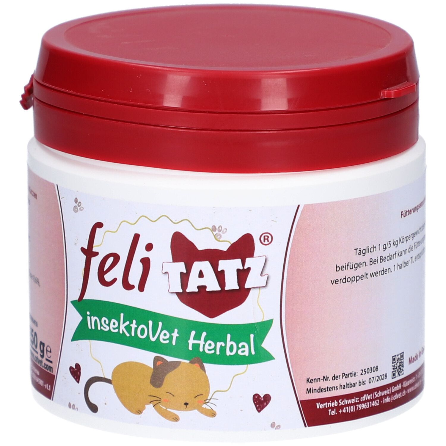 Boîte blanche avec couvercle rouge. Inscription : feli TATZ insektoVet Herbal. 250g. Illustration d'un chat.